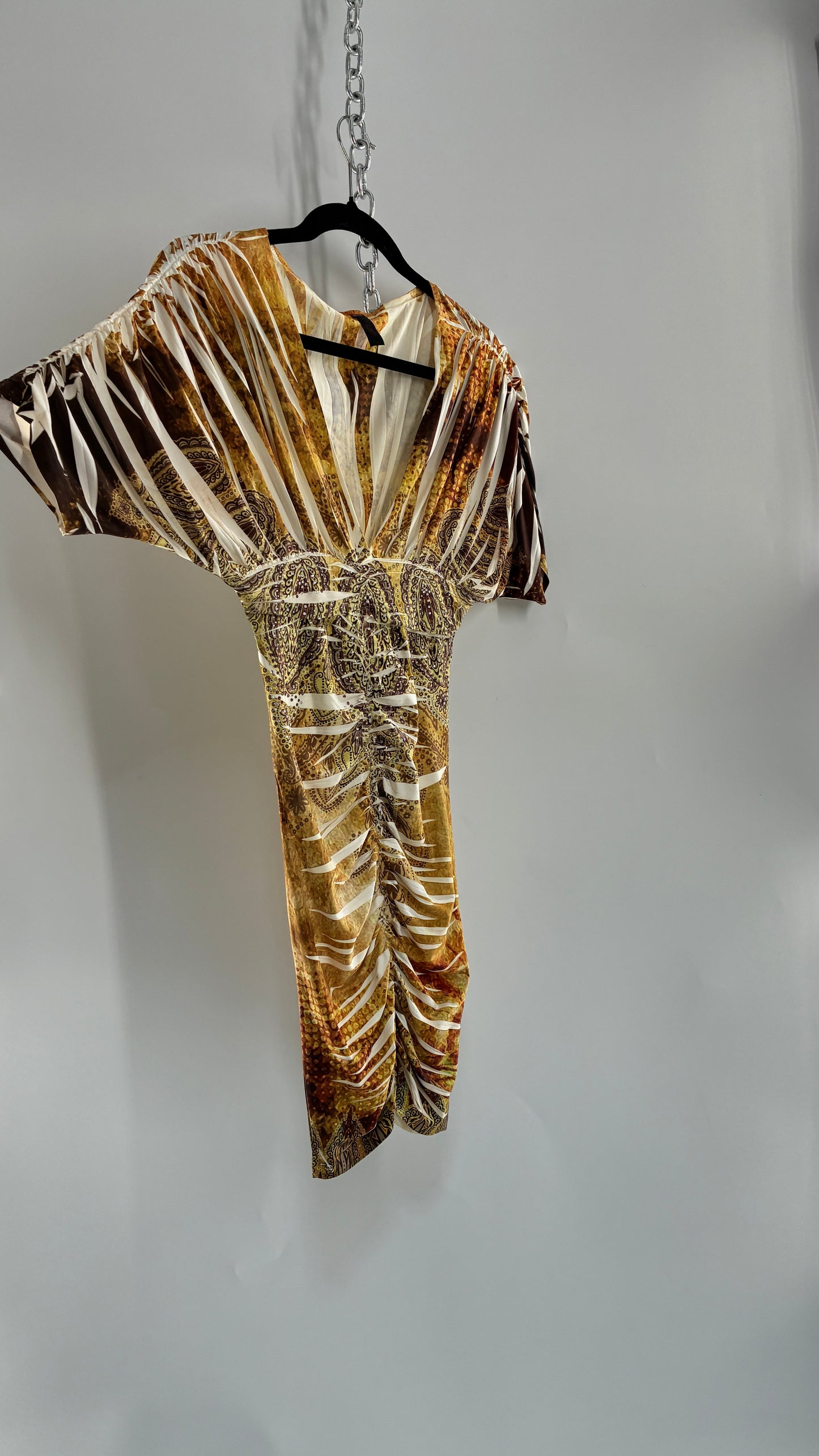 Vintage Bodycon Gold Graphic Mini Dress with Rhinestones (Small)