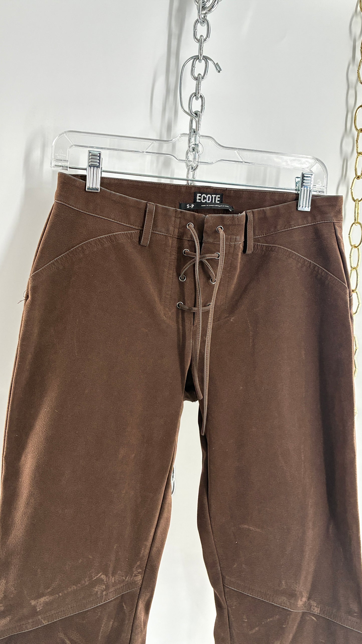 Vintage ECOTE Vegan Leather Velour Brown Lace Up Closure, Low Rise, Boot Leg Pants (Small)