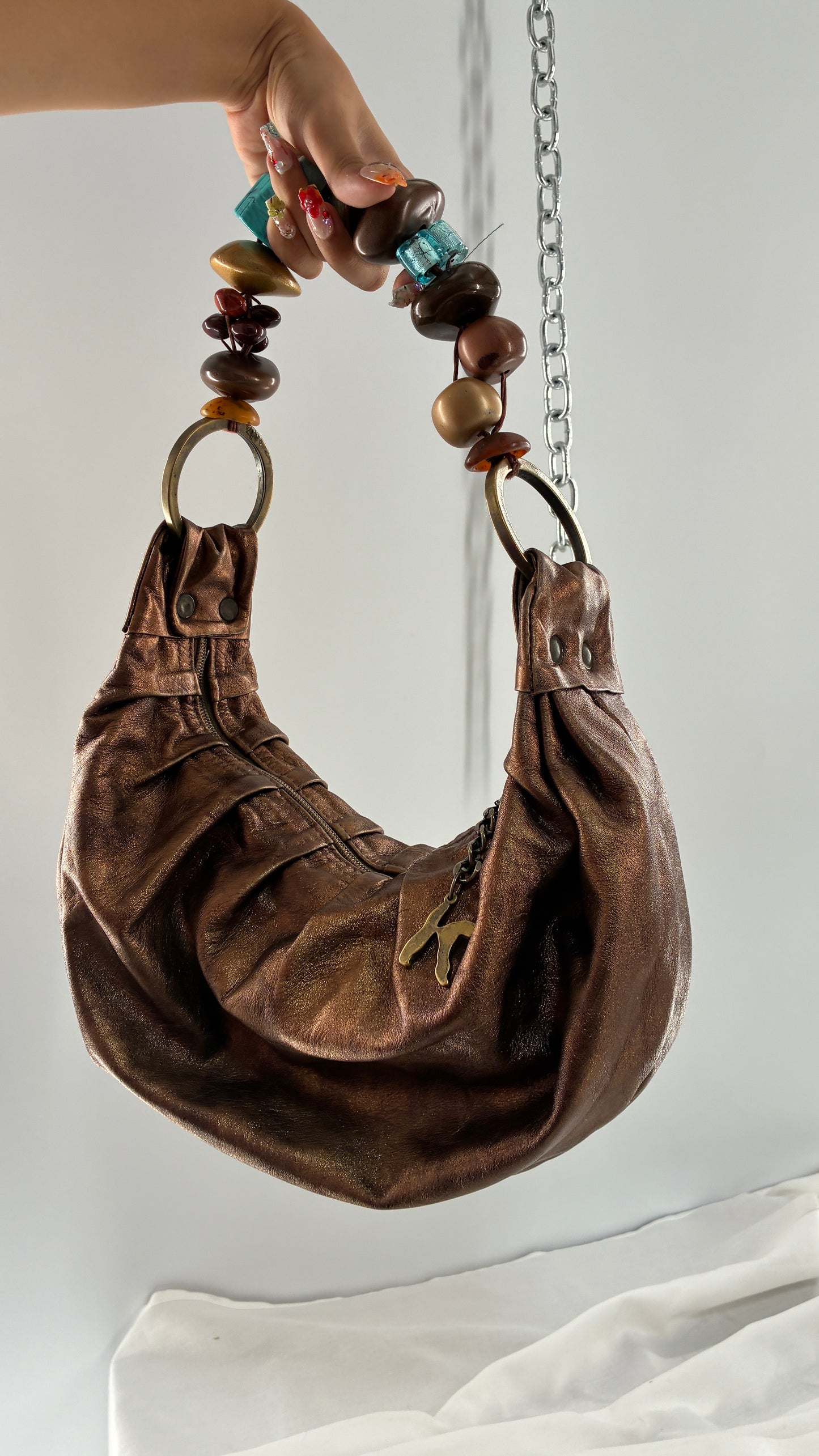 Vintage KARKABA  Metallic Bronze Leather Bag with Exaggerated Beaded Handles