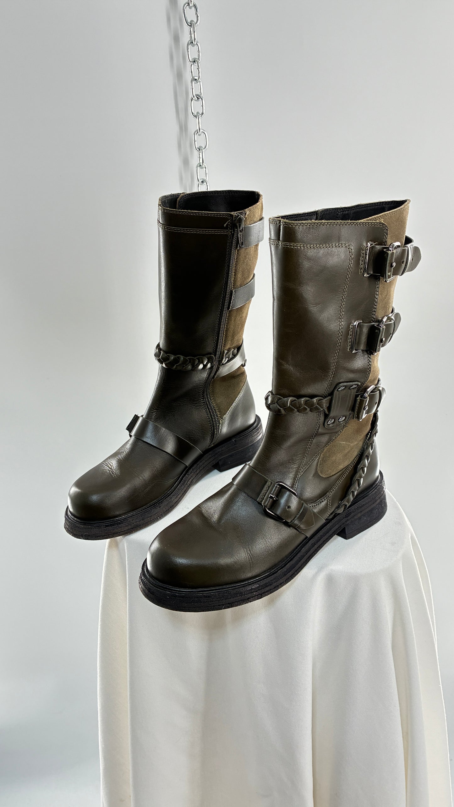 Free People Billie Olive Green Moto Boots with Buckle Closure (7)
