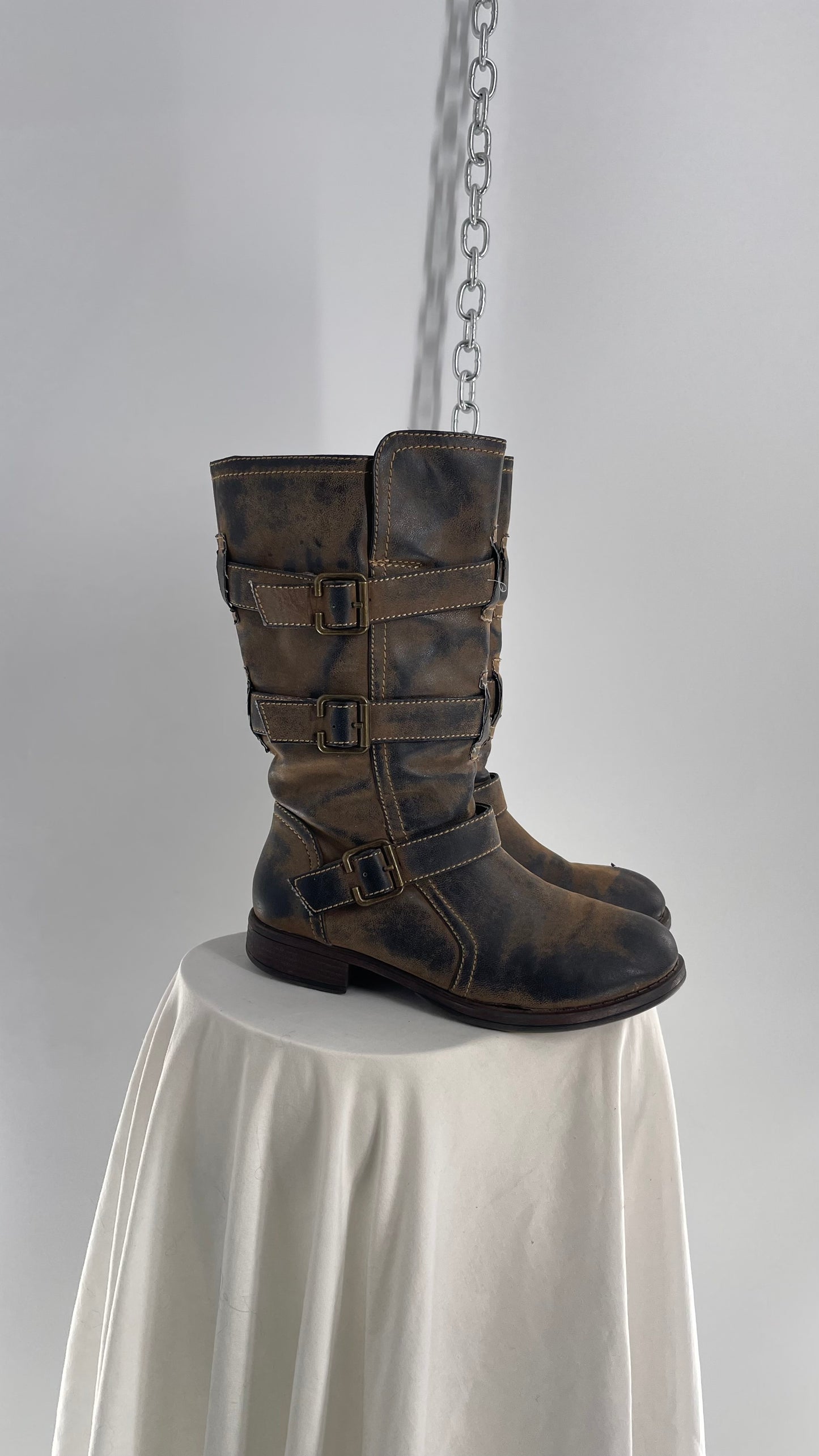 Vintage Mixed Tone Triple Buckle Boots (7.5)