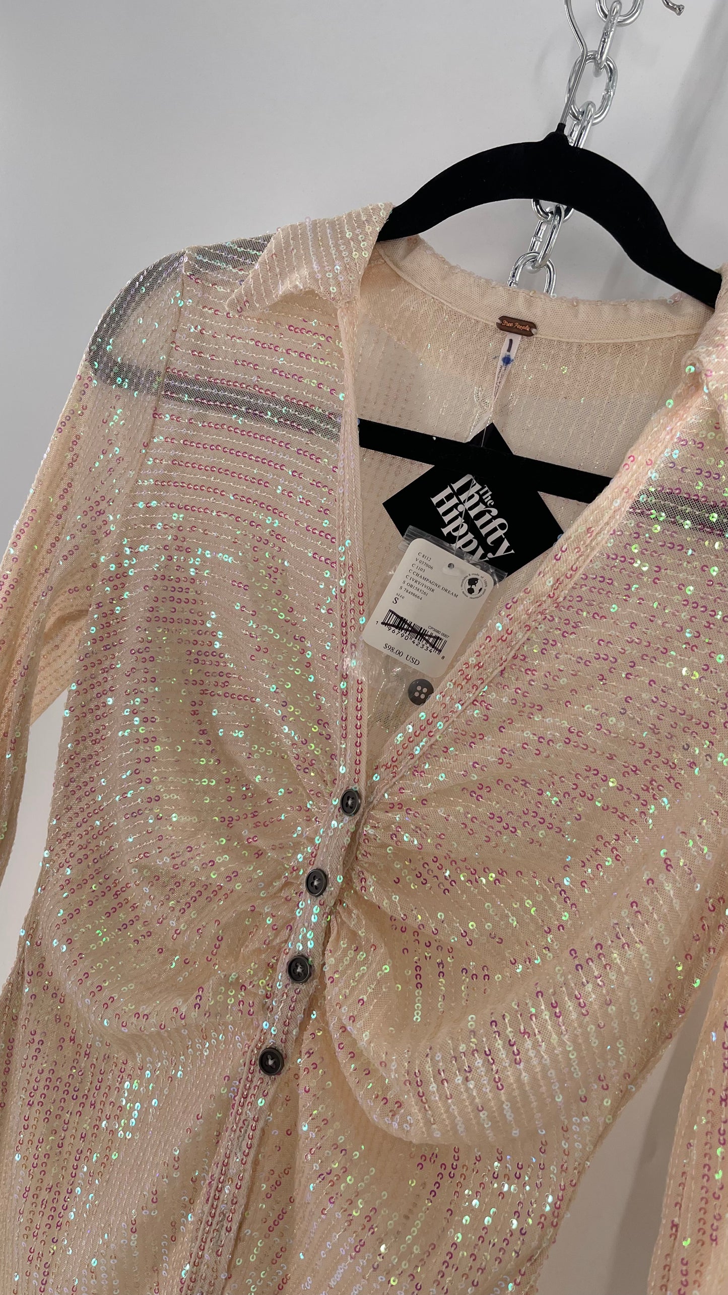 Free People Iridescent Sequined Button Front Ruched Bust Blouse with Tags Attached (Small)