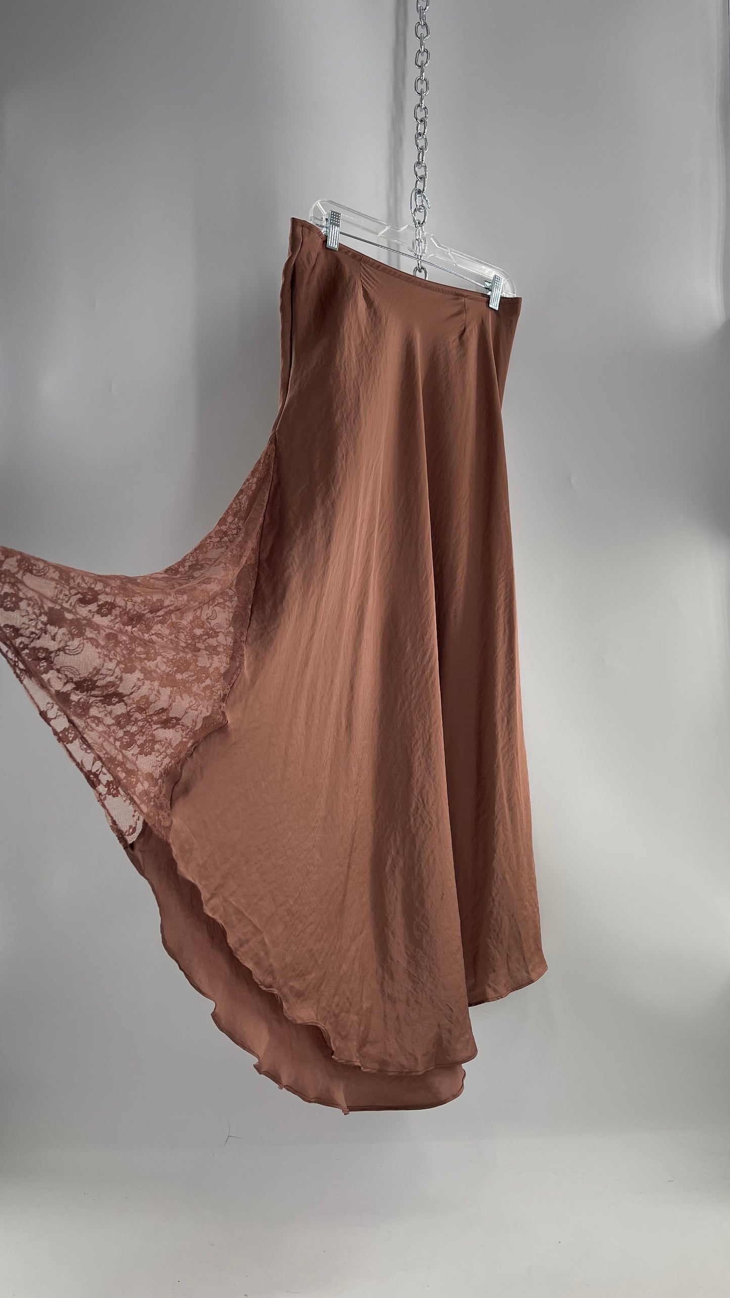 Intimately Free People Brown/Dusty Mauve Satin Maxi Skirt with Lace Paneling (Medium)