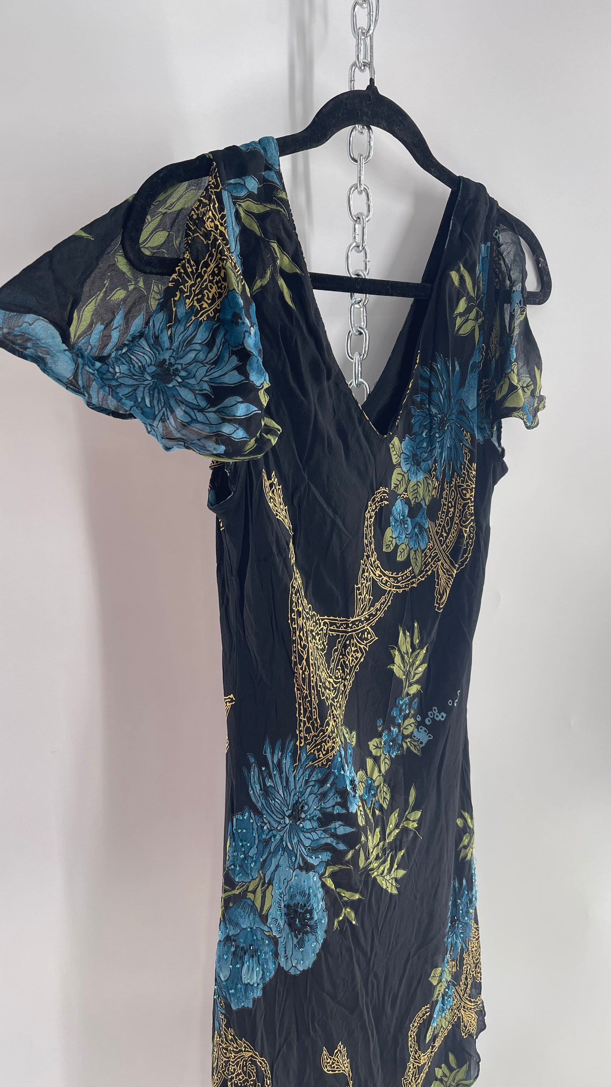 Vintage 90s EVA BLUE Black/Blue MIDI dress with beading and Handkerchief Fairy Hem (12) Vintage 90s EVA BLUE Black/Blue MIDI dress with beading and Handkerchief Fairy Hem (12)