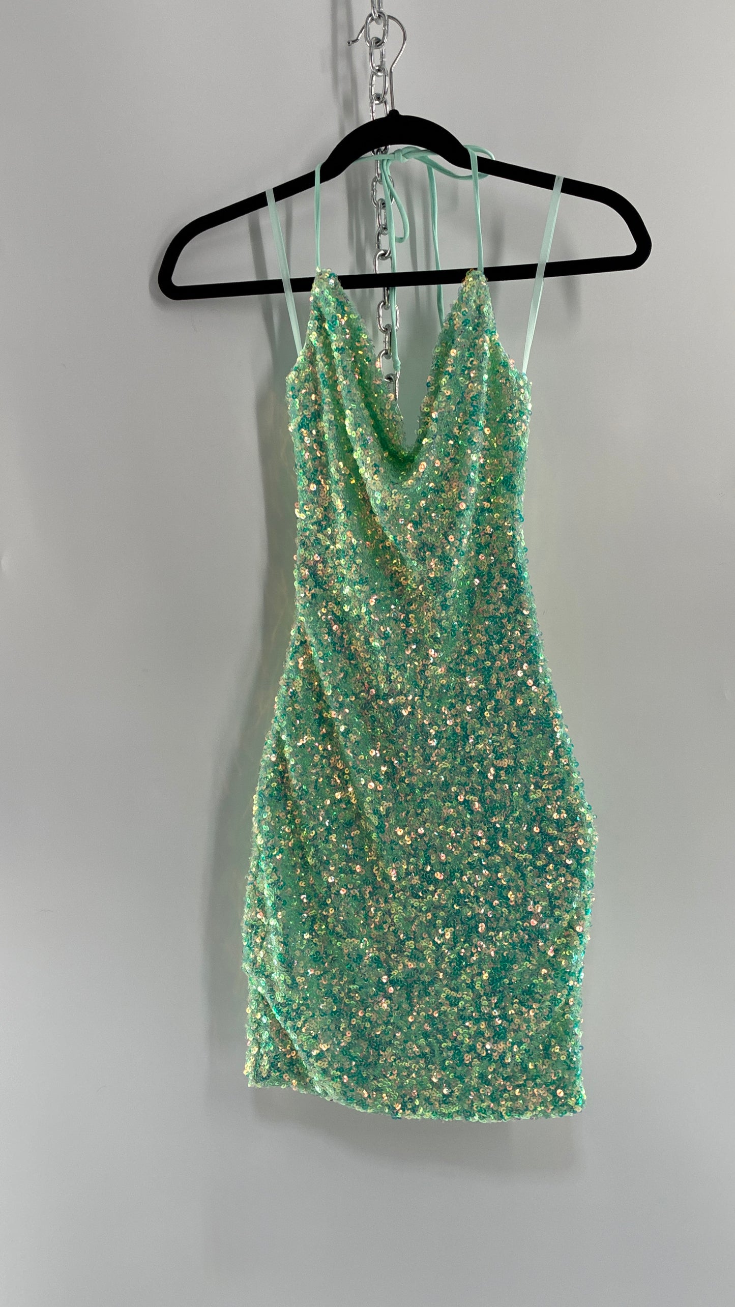 WINDSOR Aqua Blue Sequin Mini Dress with Draping Bustline and Tags (Small)