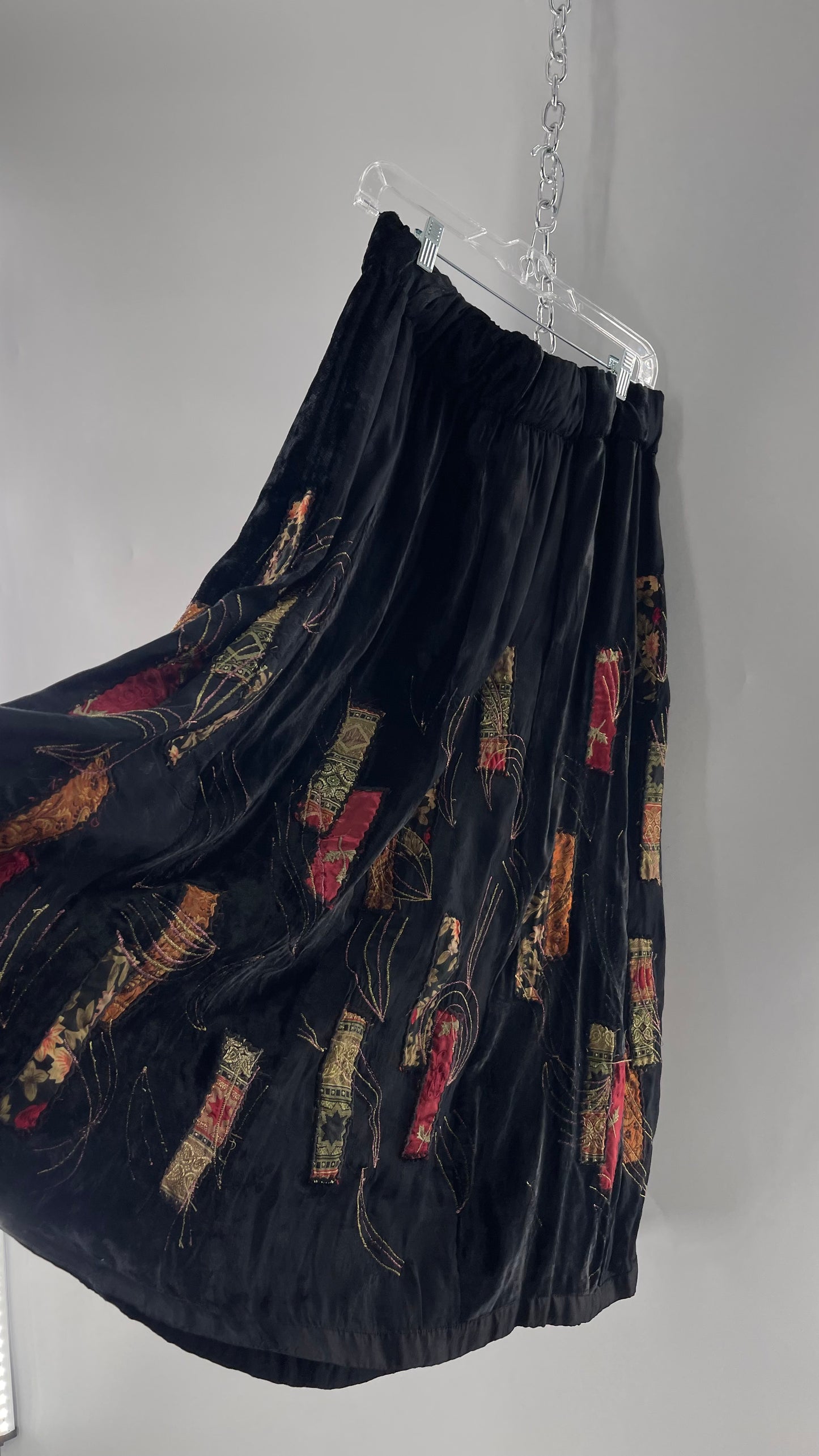 Vintage Black Velvet and Embossed Florals Patchwork Skirt with Metallic Stitch Detailing with Lining and Thick Waistline (M)