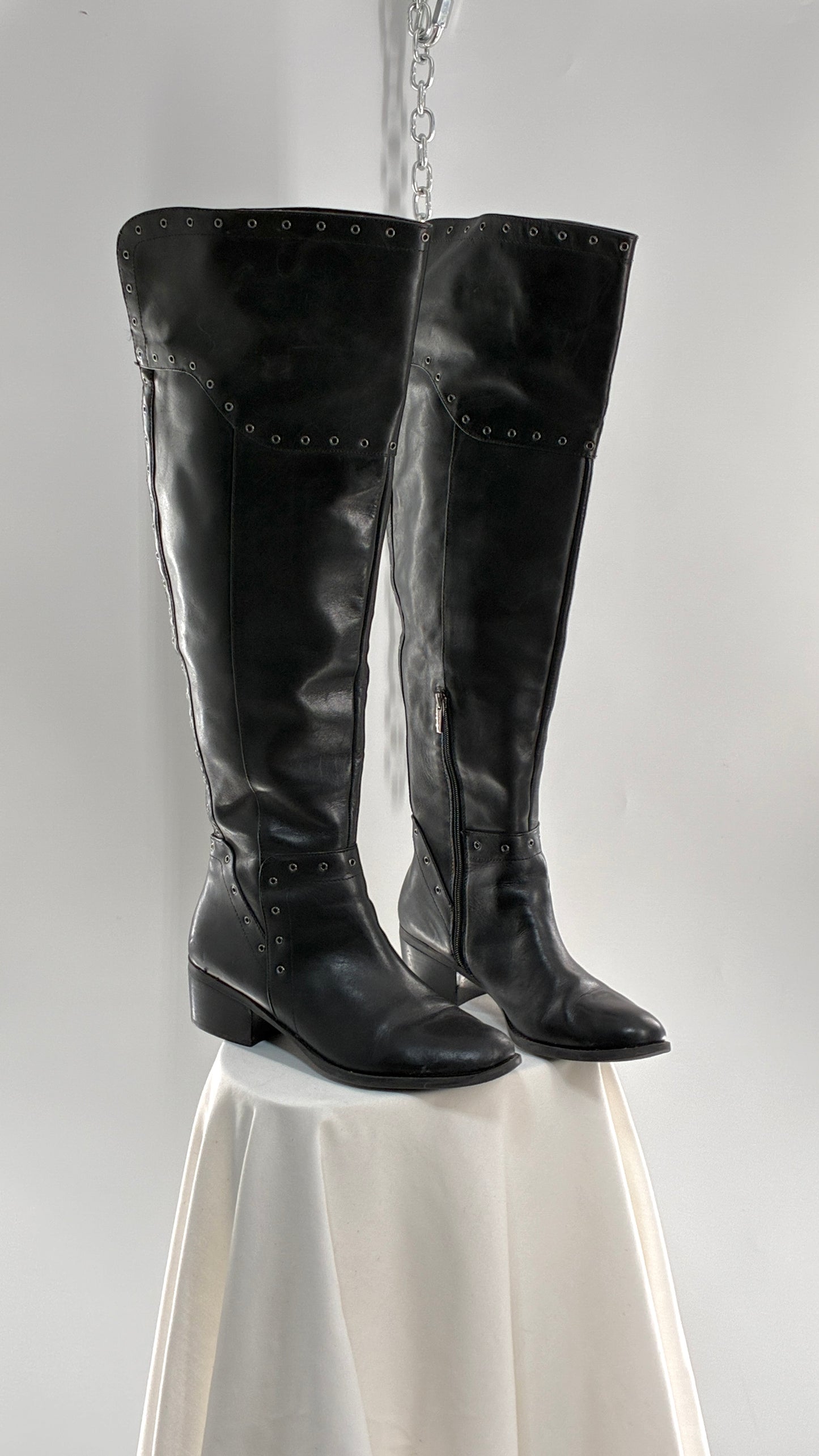 VINCE CAMUTO Genuine Leather Black Over the Knee, Thigh High Boots with Studding Details (11/41)