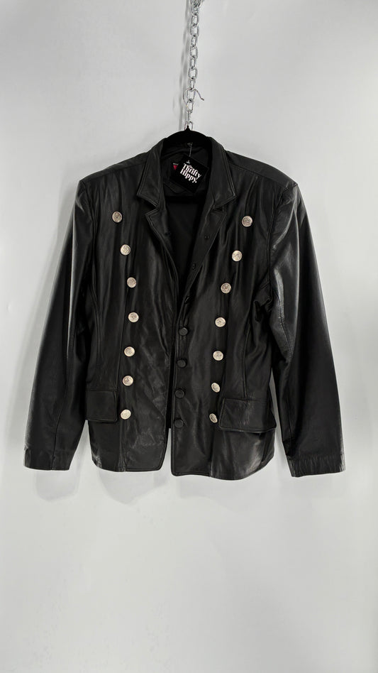 Vintage Virginia Slims Black Genuine Leather Military Jacket with Double Breasted Embossed Buttons (Large)