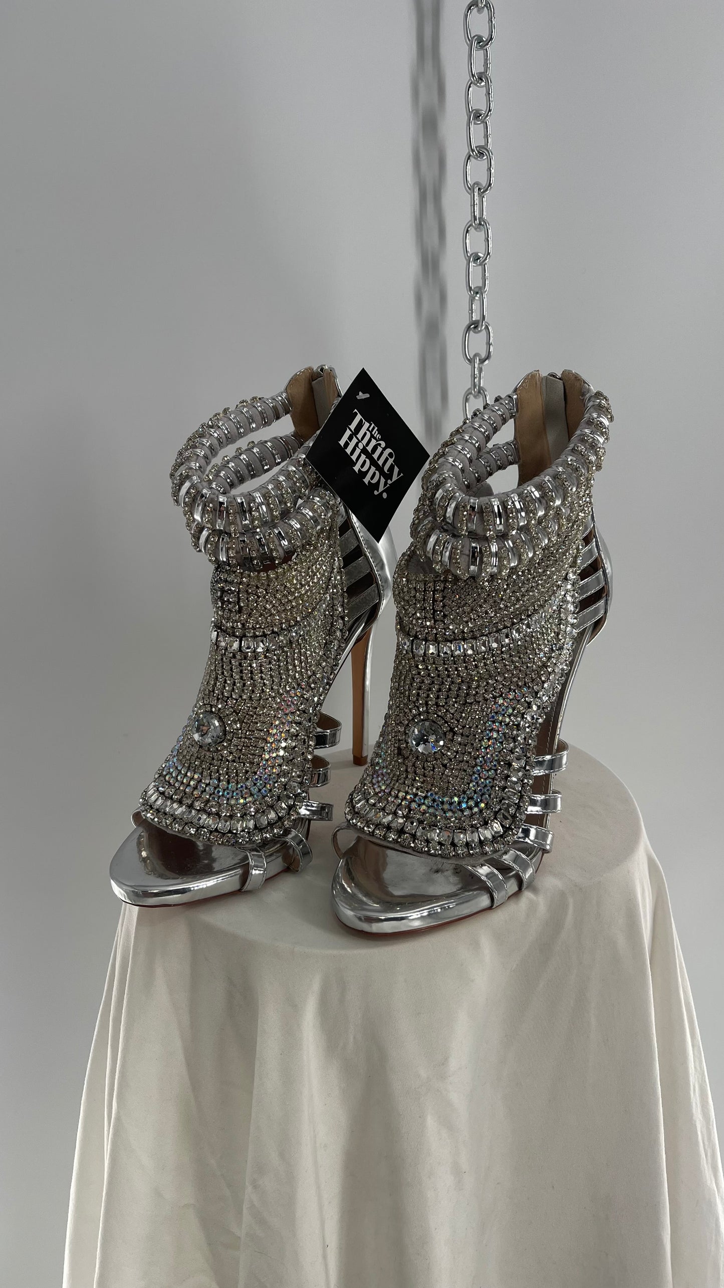 AZALEA WANG Platinum Silver Pusher Crystal Rhinestone Embellished Heel with Ankle Straps (10)