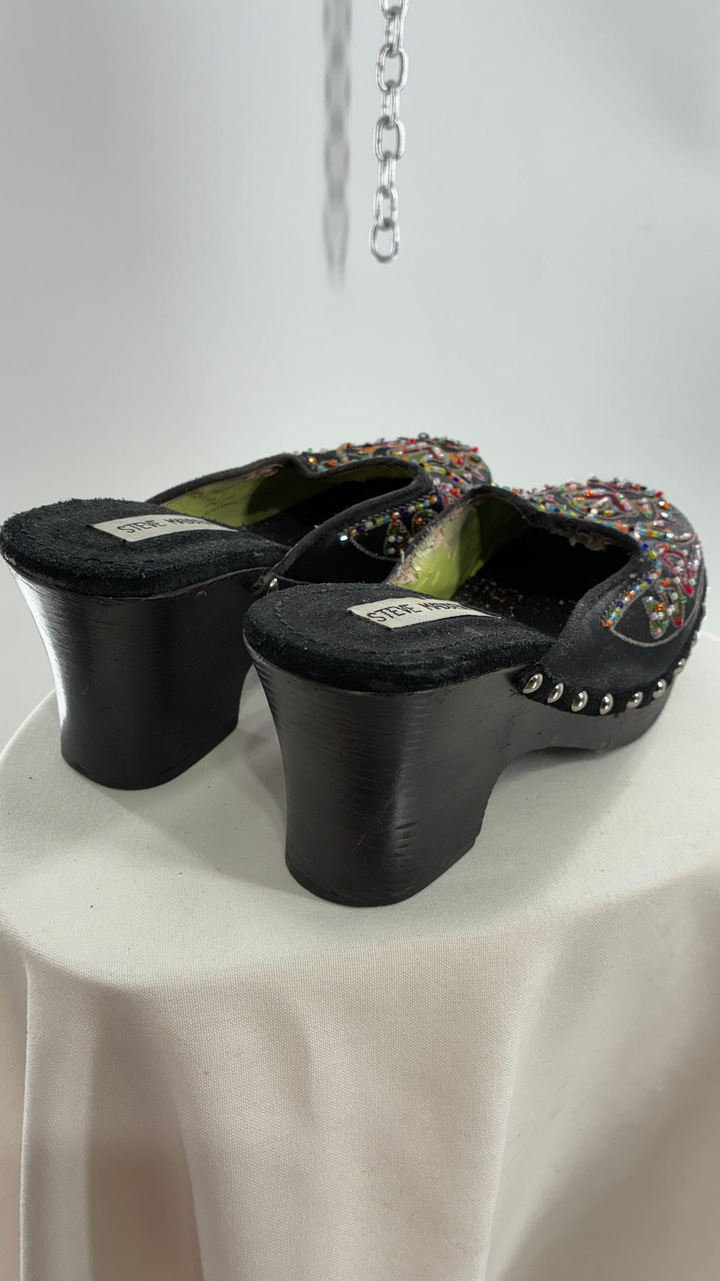 Vintage 1990s STEVE MADDEN Black Wooden Heel Clogs with Embroidered and Beaded Design (7.5)