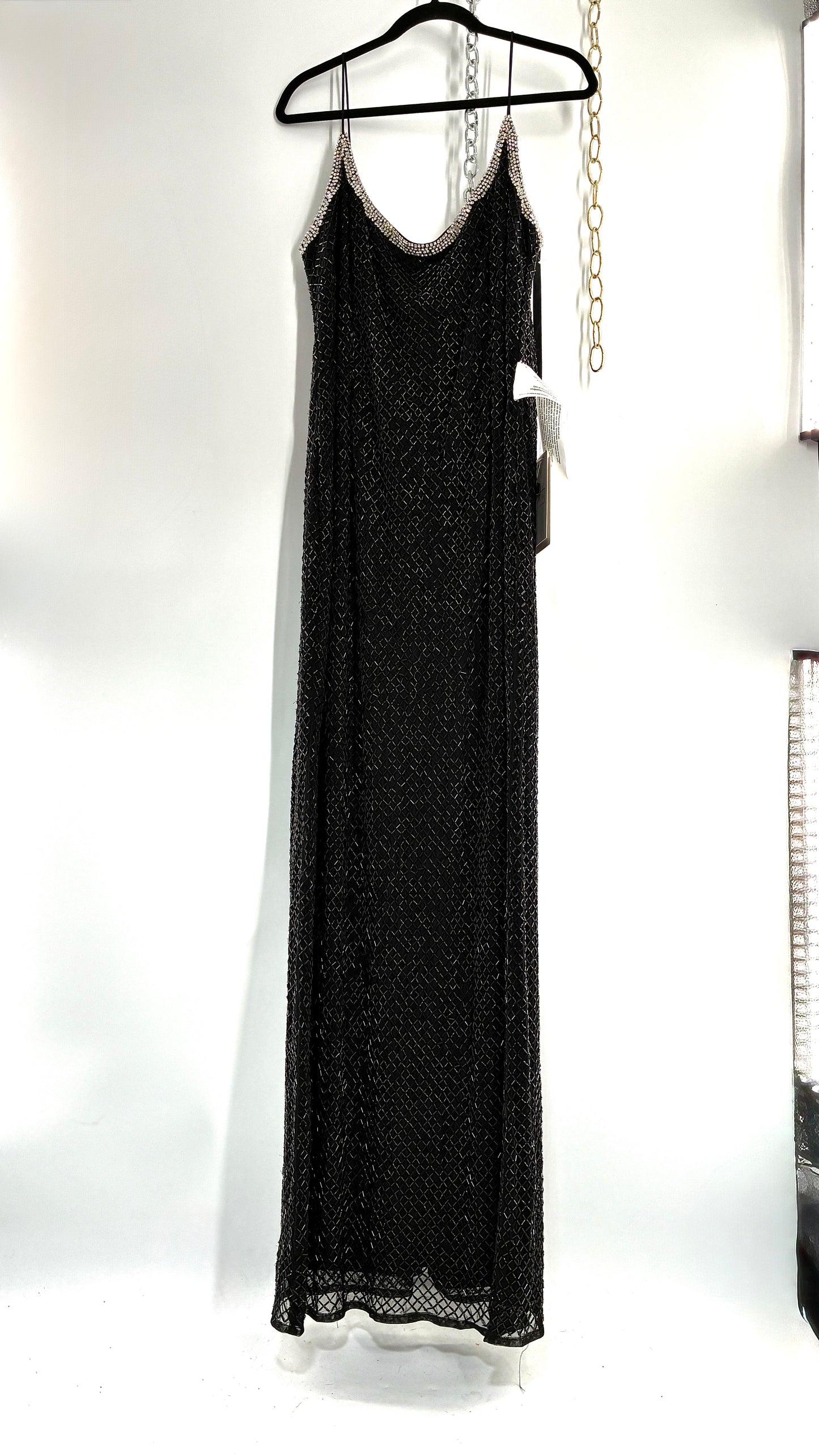 Vintage MAC DUGGAL Black Beaded Spaghetti Strap Column Gown with Tags Attached (16)