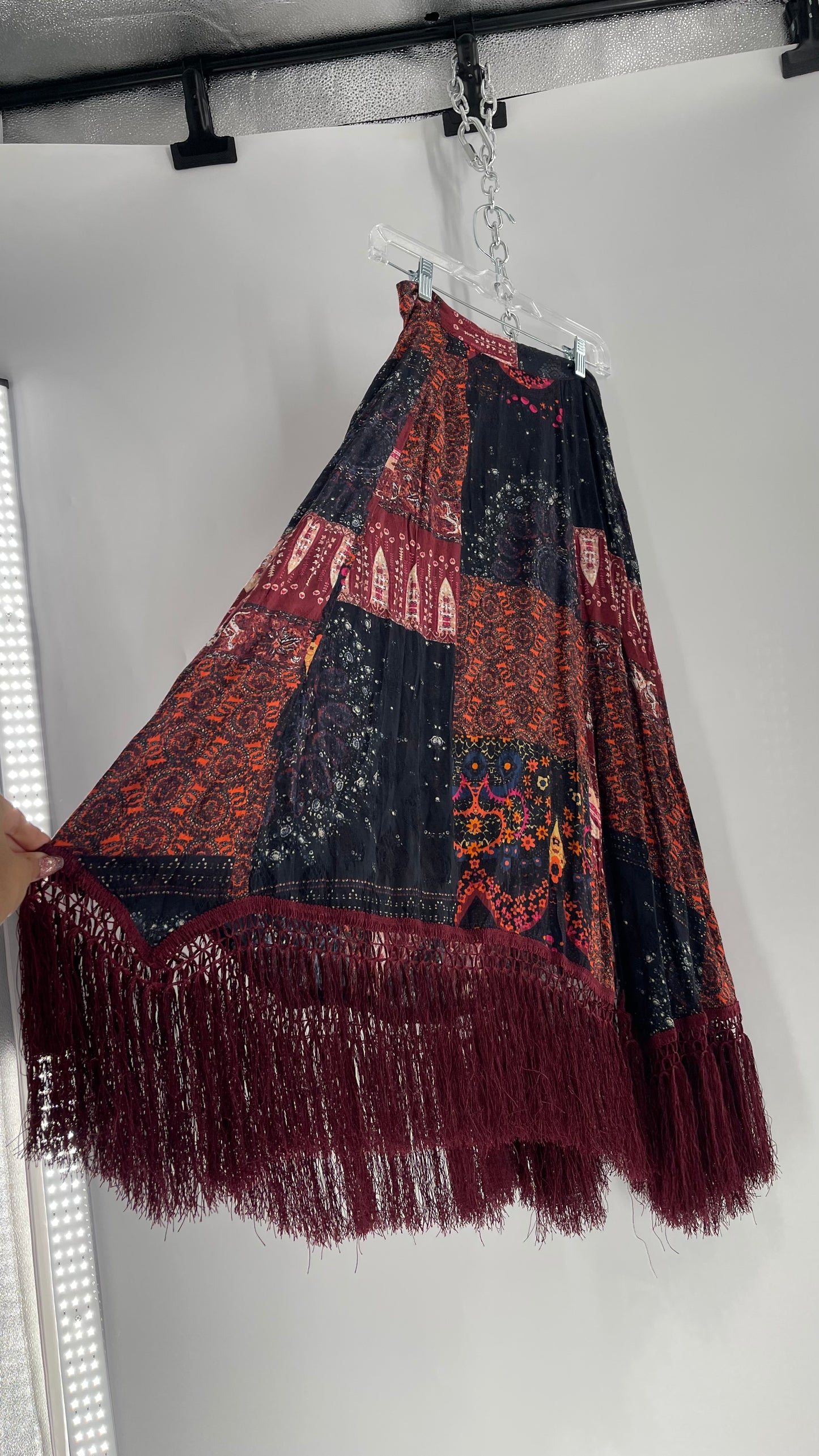 Free People Burgundy Satin Patchwork Patterned Fringe Full Length Skirt with Embossed Symbols and Side Slit Tags Attached (0)