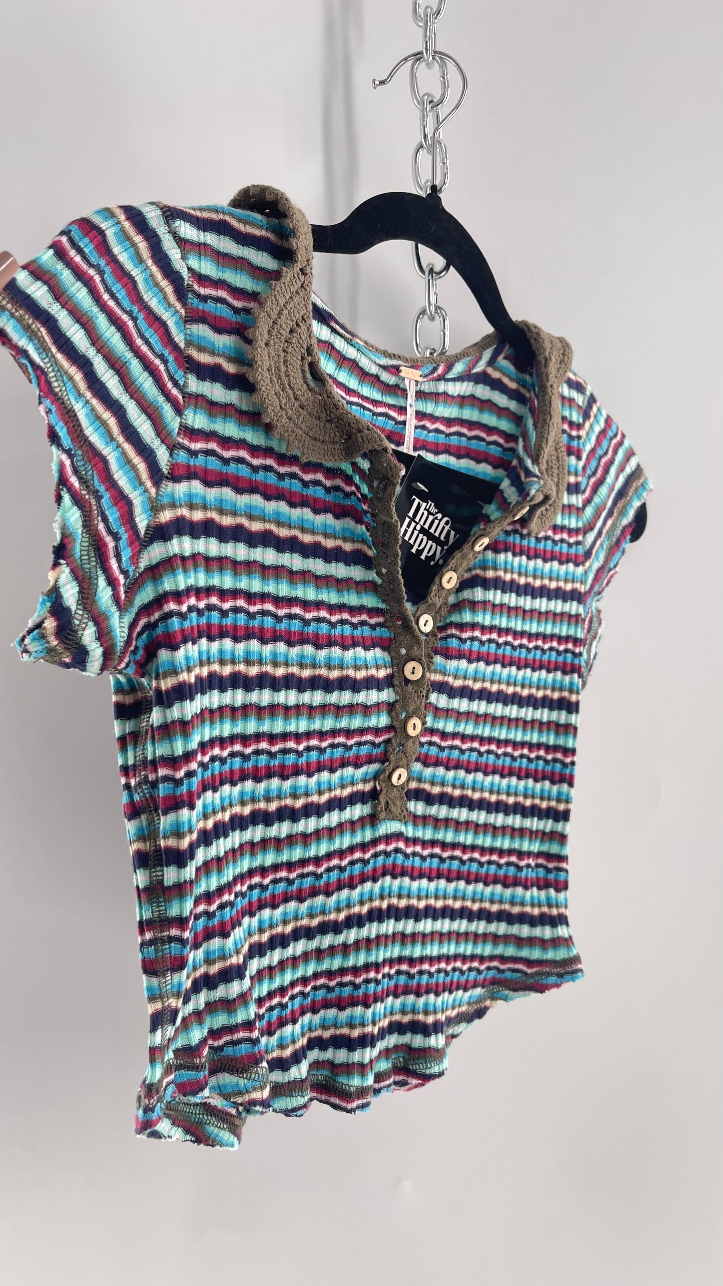 Free People Striped Short Sleeve with Crochet Knit Collar (XS)