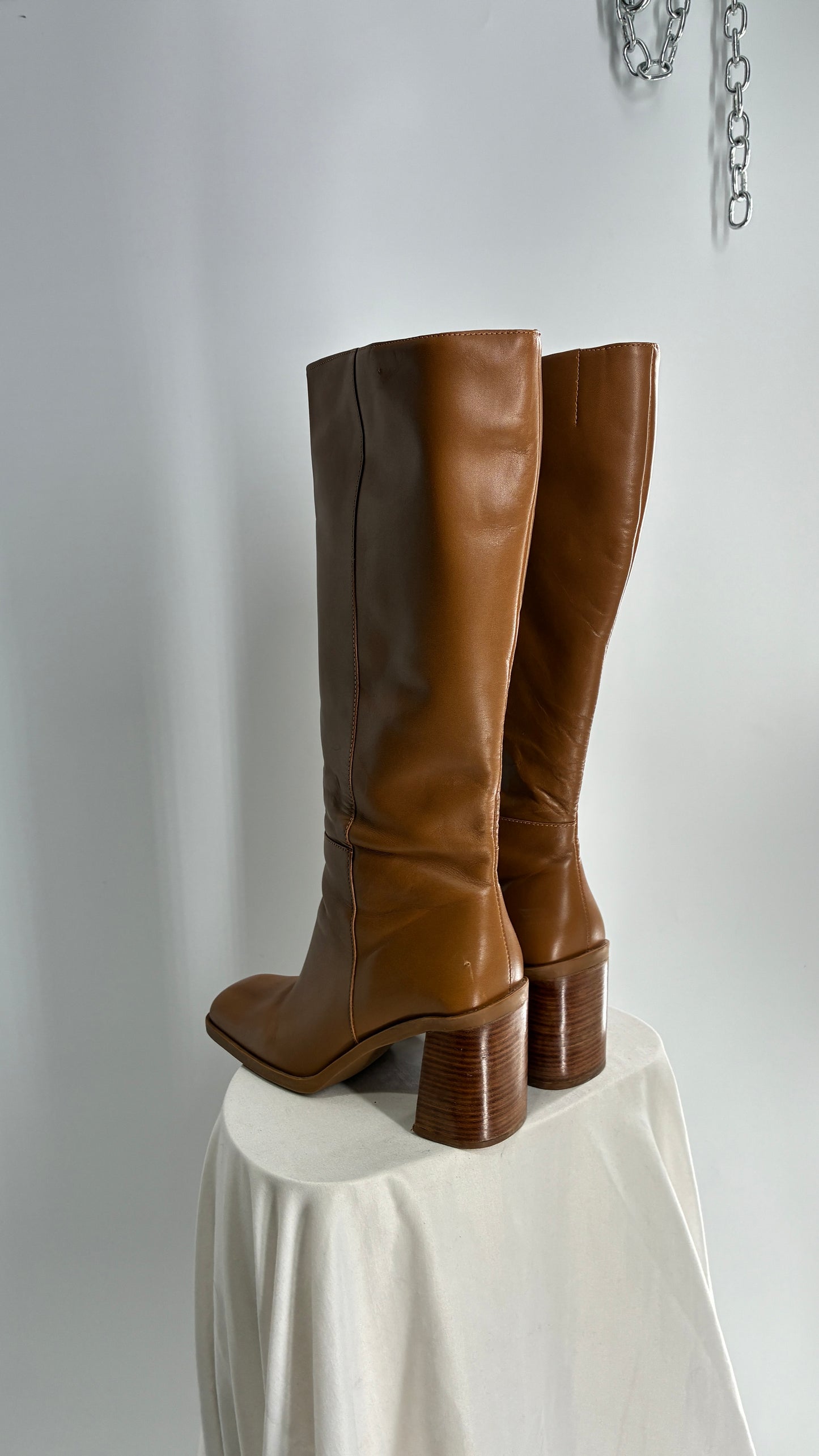 Vintage Strive Genuine Leather Square Toe Knee High Boots with Chunky Block Heel Made in Uruguay (9.5)