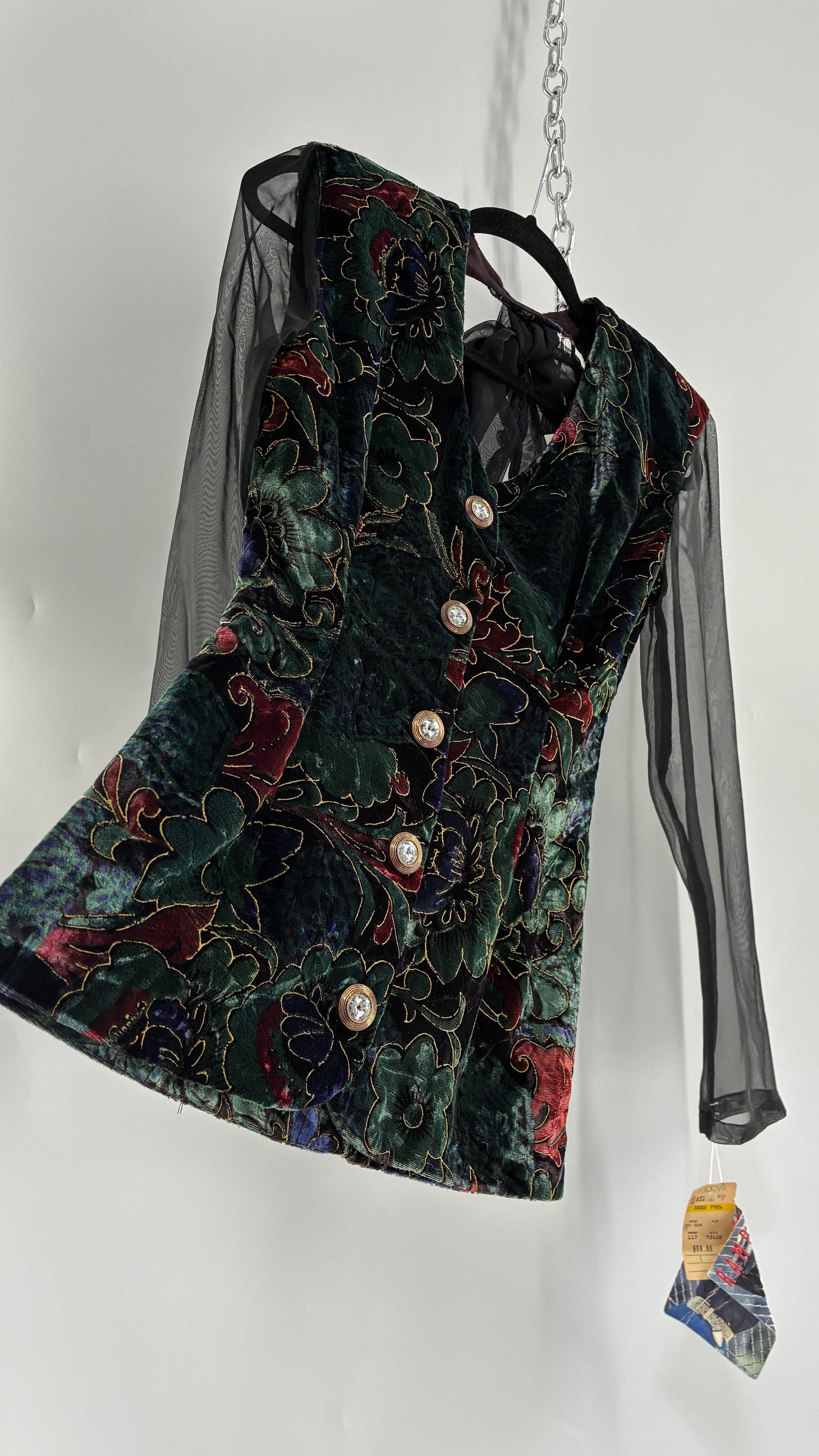 Deadstock Vintage RAMPAGE 1980s Micro Mini Dress Velour with Sheer Bubble Sleeves, Open Back, Elaborate Crystal Buttons and Bow Back Detail (Small)