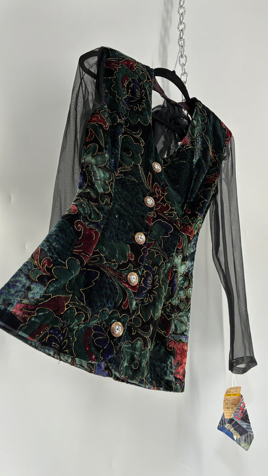 Deadstock Vintage RAMPAGE 1980s Micro Mini Dress Velour with Sheer Bubble Sleeves, Open Back, Elaborate Crystal Buttons and Bow Back Detail (Small)