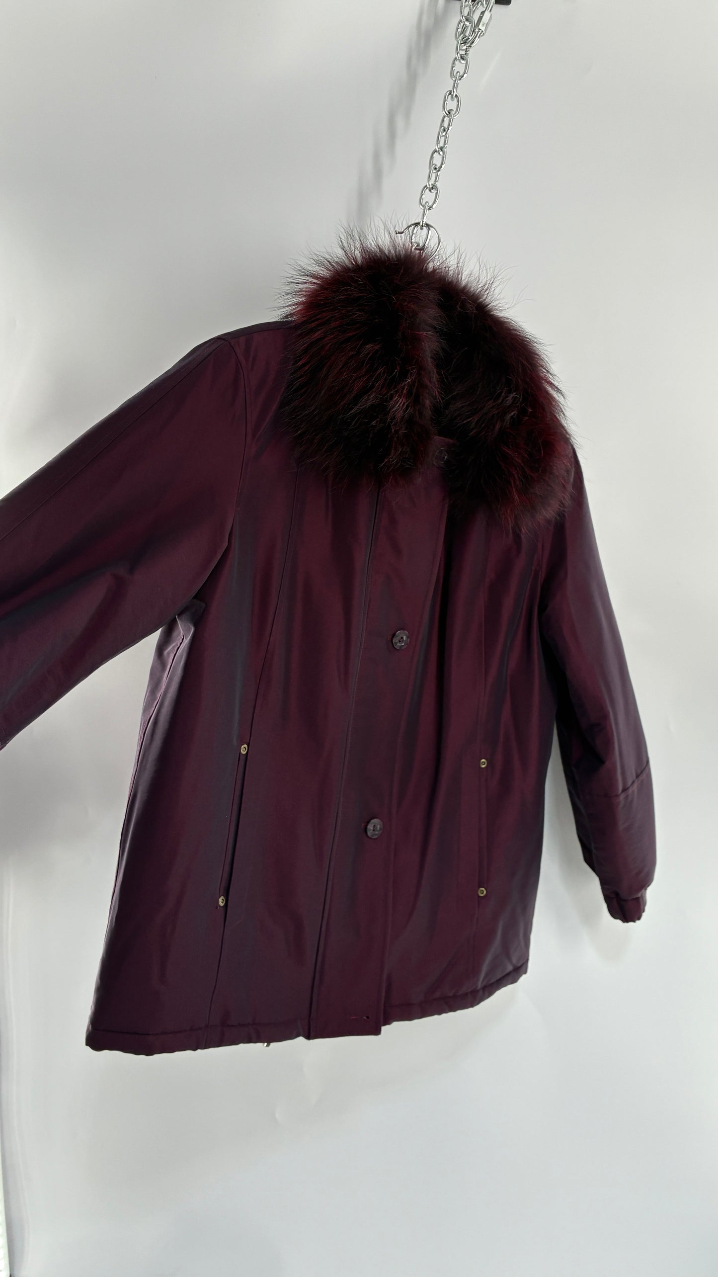 Vintage FLEET STREET Metallic Iridescent Purple Jacket with Exaggerated Genuine Fur Collar (Medium)