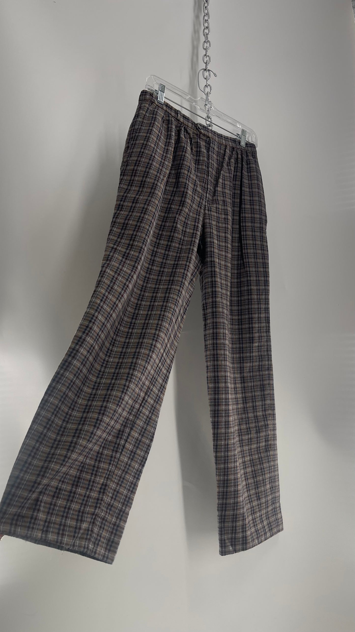 Vintage 100% Wool Gray Muted Tones Plaid Pleated Baggy Trousers (2)