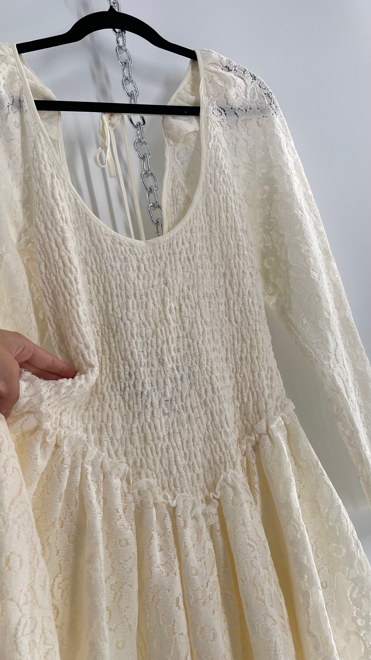 Free People White Velvet Lace Dress with Smocked Bodice and Pointed Waistline (Medium)