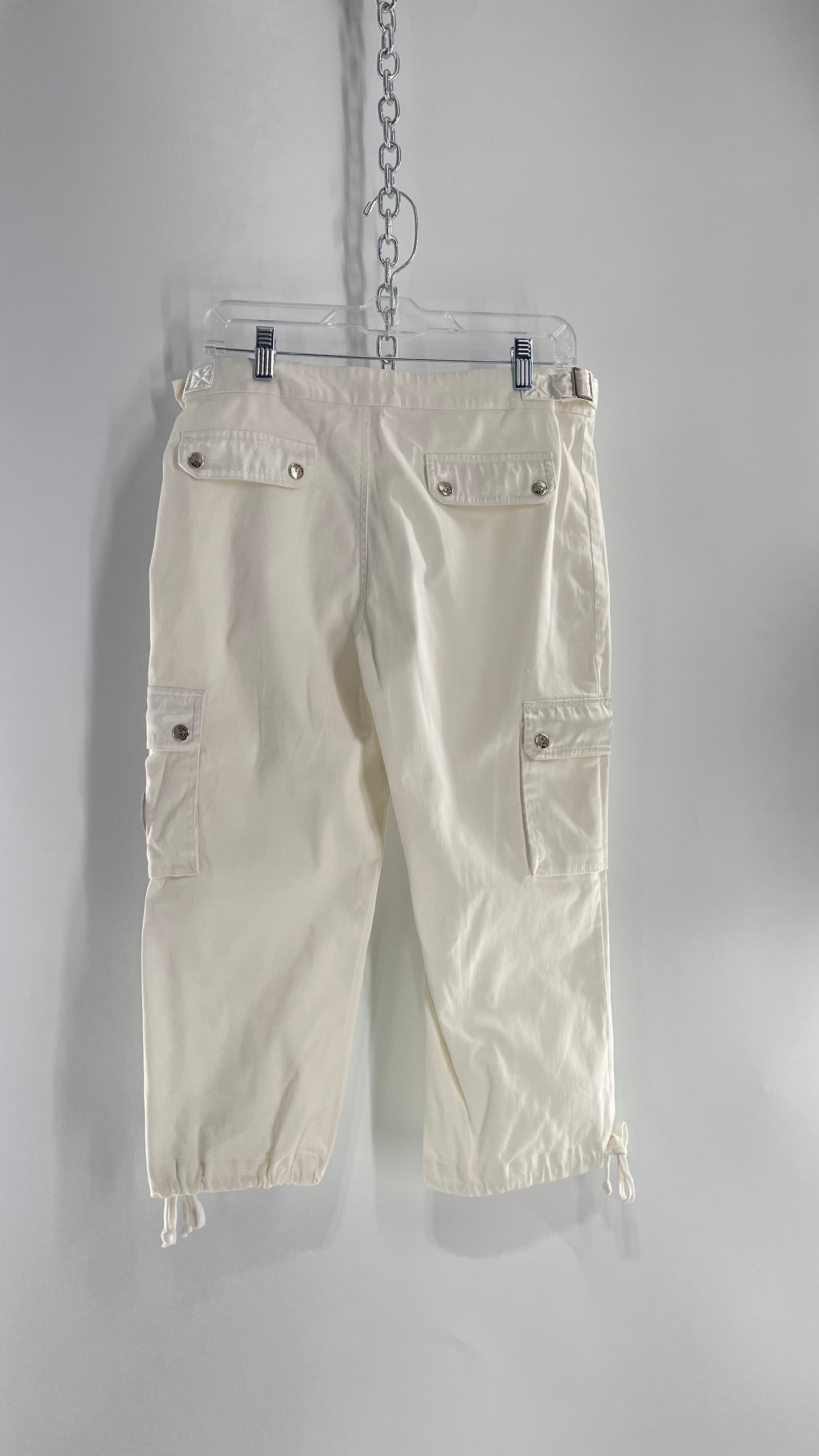 Vintage 1990s South Pole White Capri with Zippers, Silver Hardware, Satin Detailing and Patches (9)