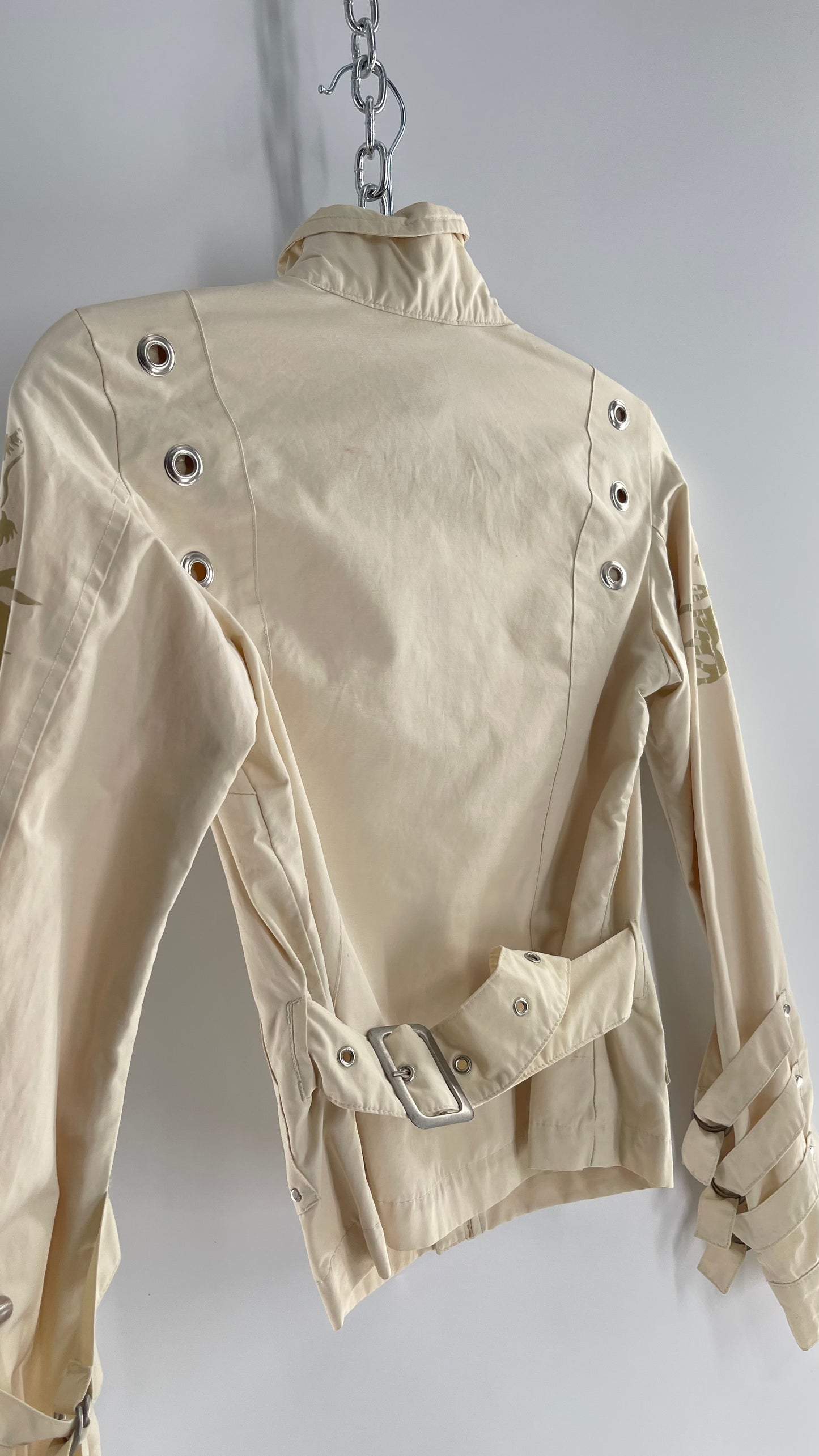 Vintage REPLAY Beige 1990s Italian Moto Jacket with Embossed Buttons, Buckle Cuffs, Dragon Graphic and Neck Strap (XS)