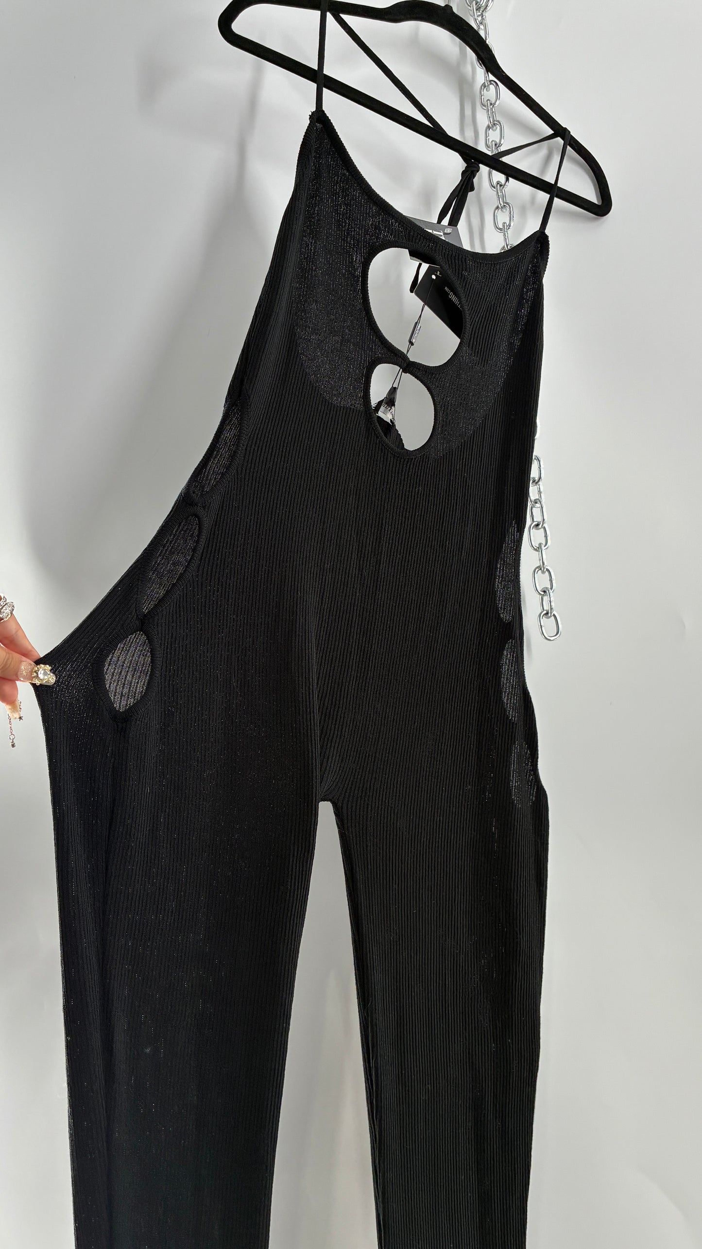 Pretty Little Thing Black Sheer Knit Cut Out Halter Neck Jumpsuit with Tags (Large)