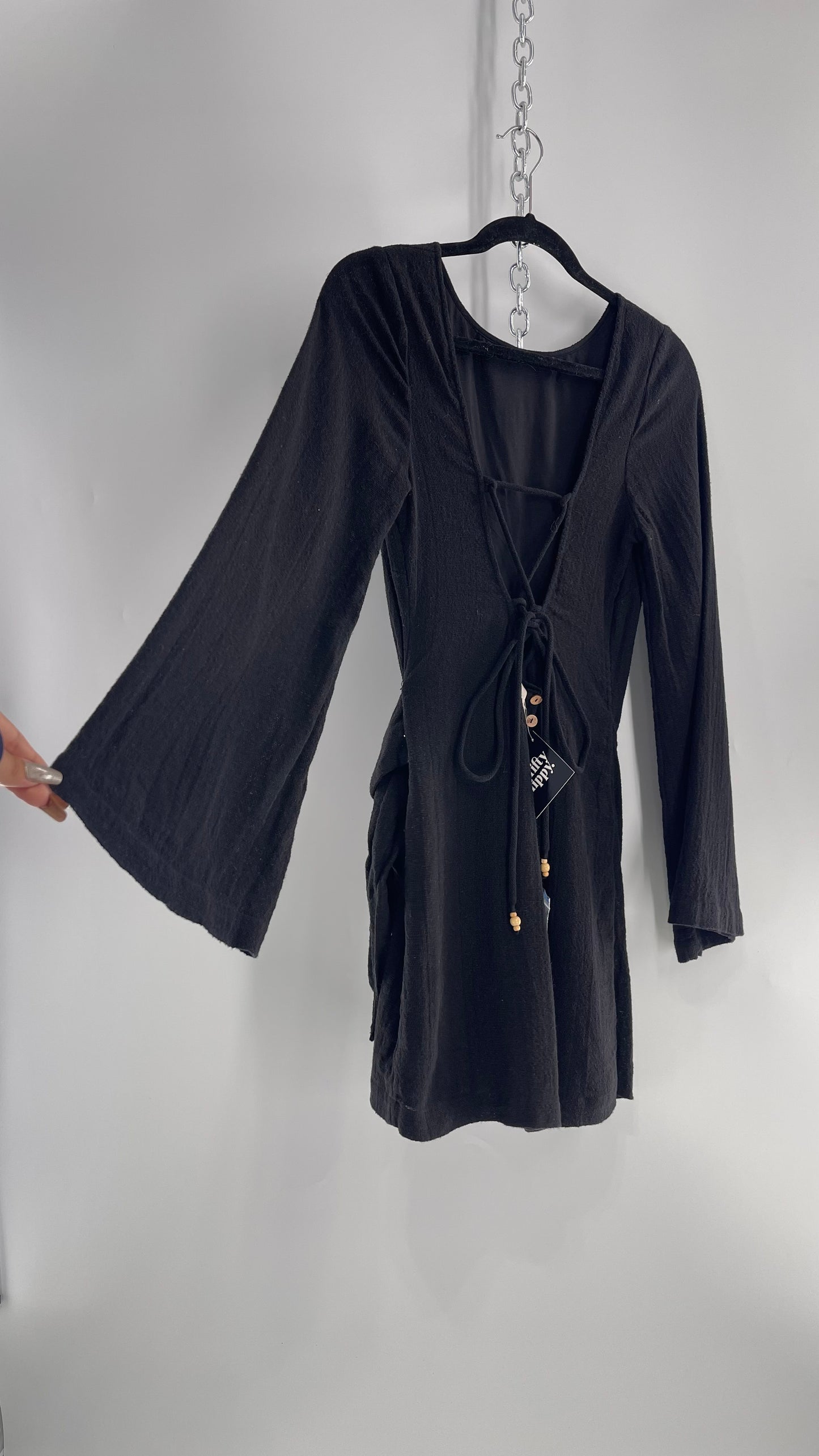 Free People Black Bell Sleeve 100% Cotton/Modal Mini Dress with Tie Front (M)