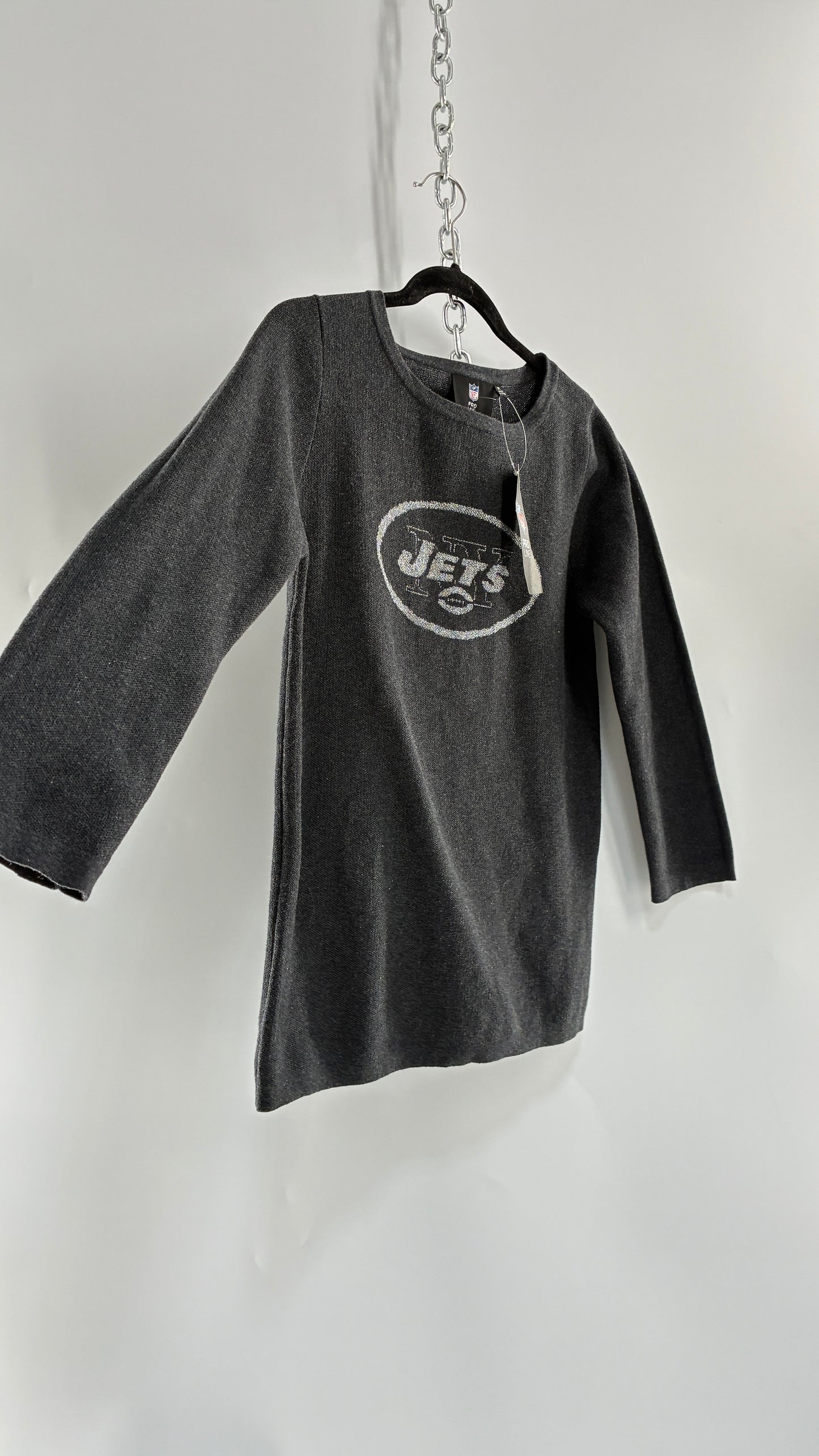 Deadstock Vintage 1990s New York JETS Grey Silver Tinsel NFL Knit Crewneck (Medium)
