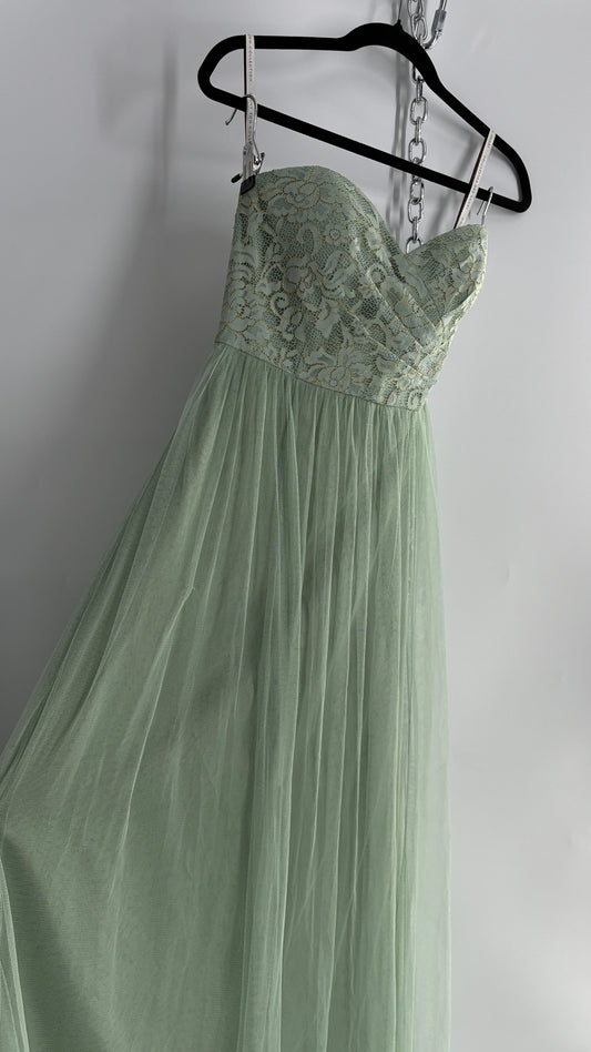 Jenny Yoo Seafoam Green Tulle Full Length Dress with Lace Corset Bodice (8)