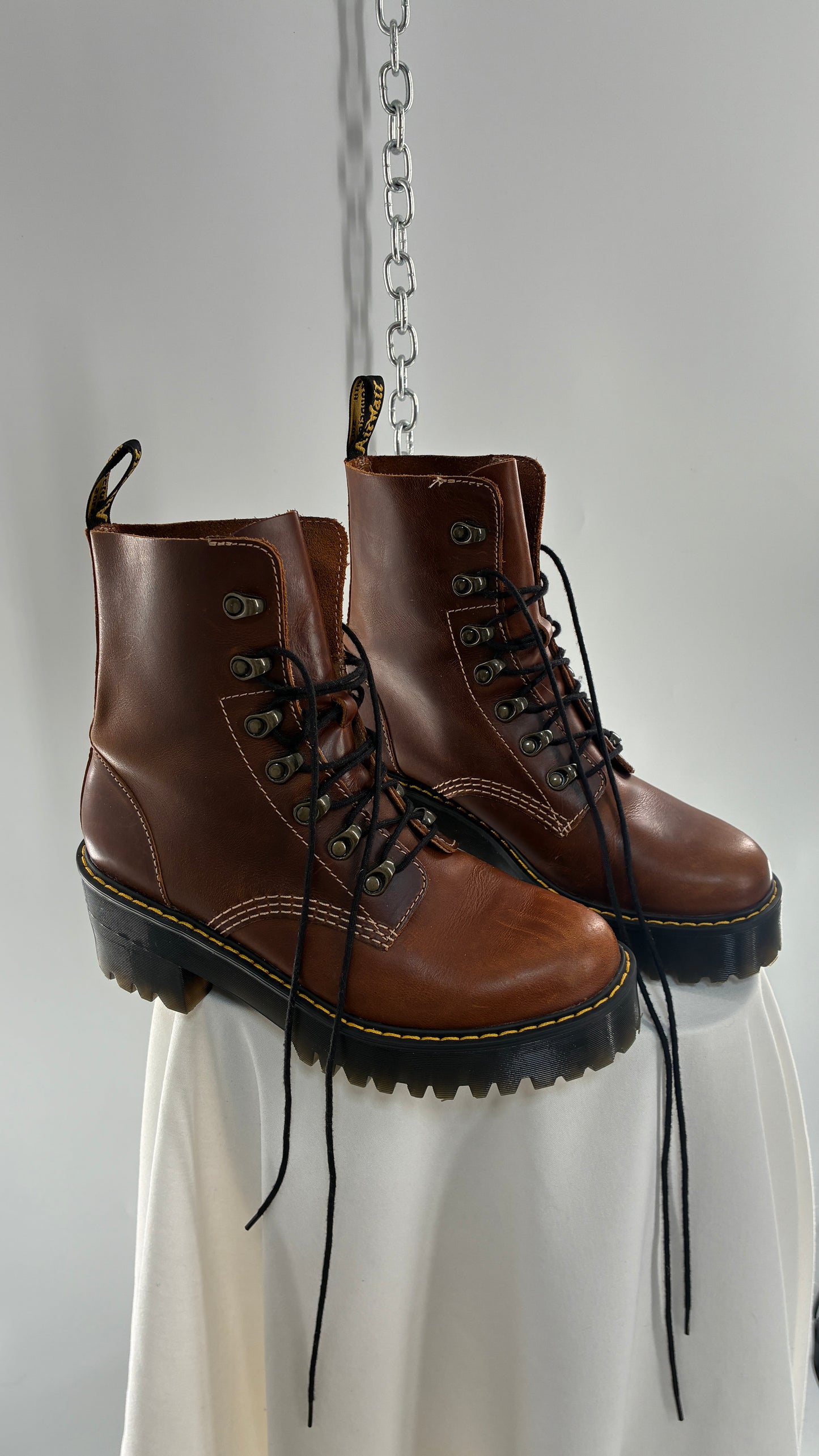 DR. MARTENS Leona Saddle Leather Platform Boots (9L)