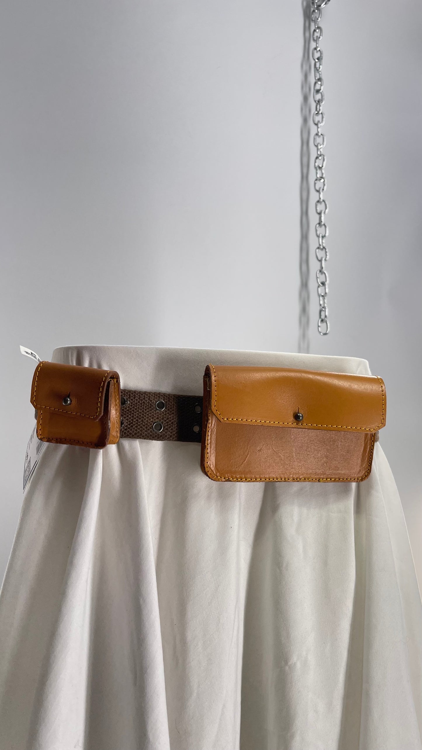 Free People Grommet Canvas Belt with Tan Leather Pouches (M/L)