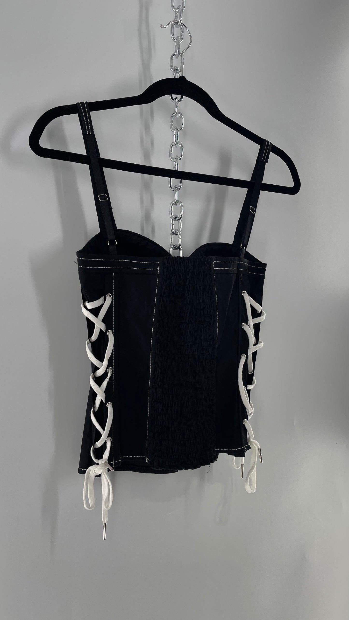 IAMGIA Black Corset Tank with White Lace Tie Up Detail and Contrast White Stitching (S)