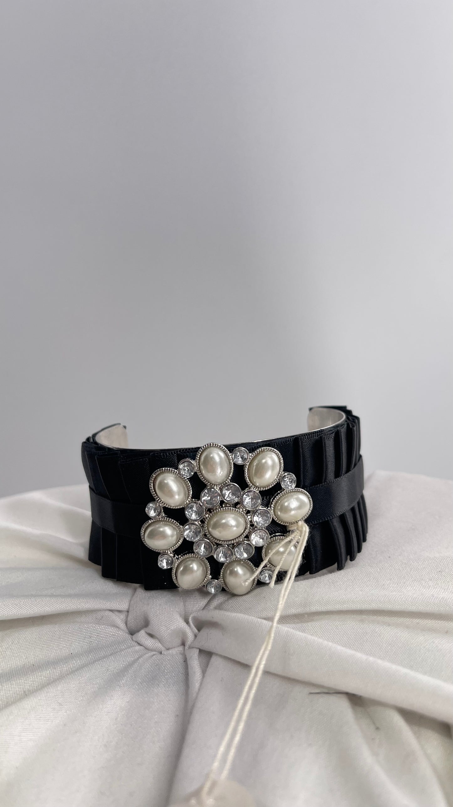 Vintage Black Pearl Ribbon Adjustable Bracelet, Arm Cuff