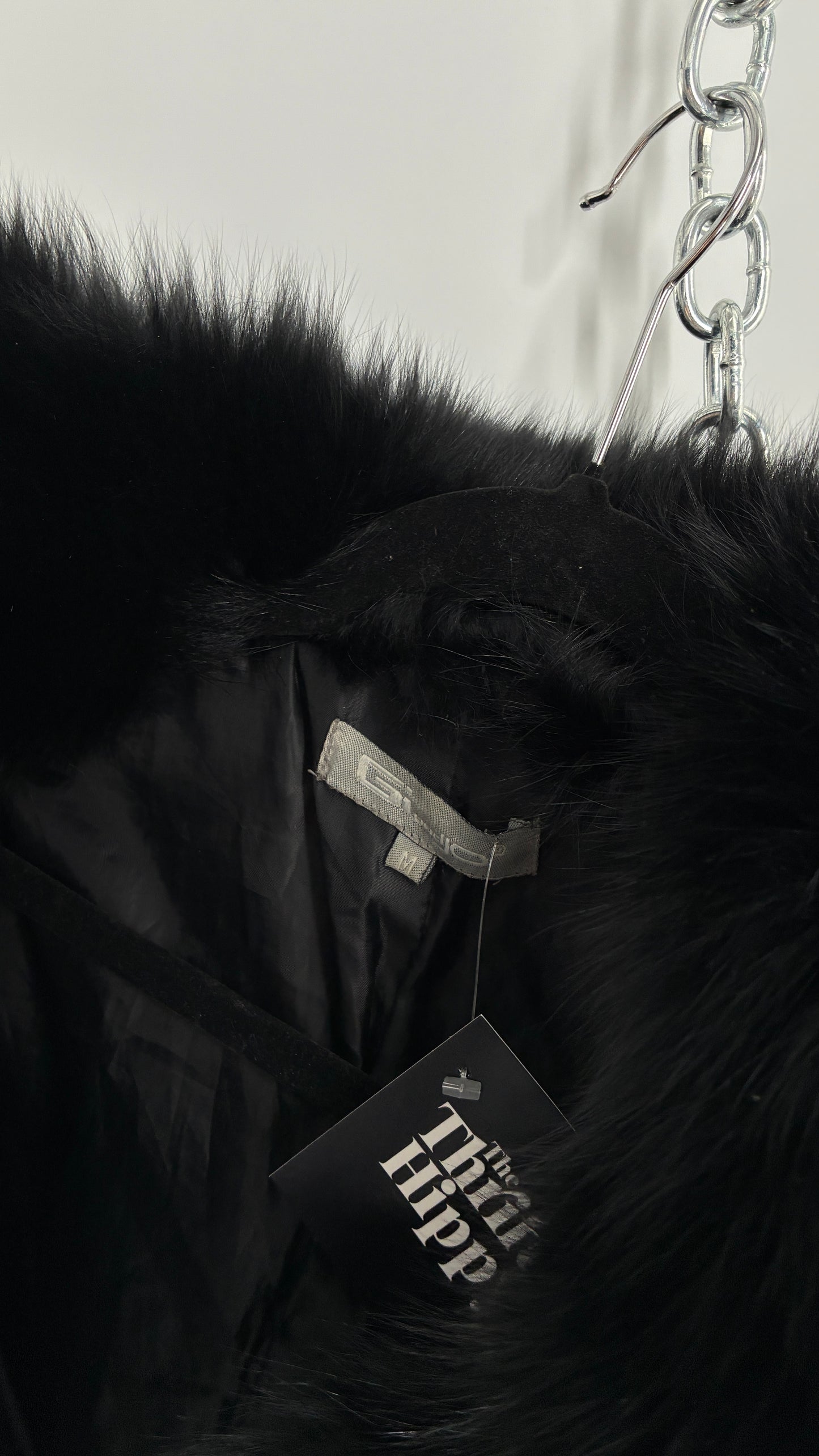 Vintage Gi & JO Black Down and Feather Puffer Jacket with Exaggerated Genuine Rabbit Fur Trim and Mandala Embroidery (Medium)