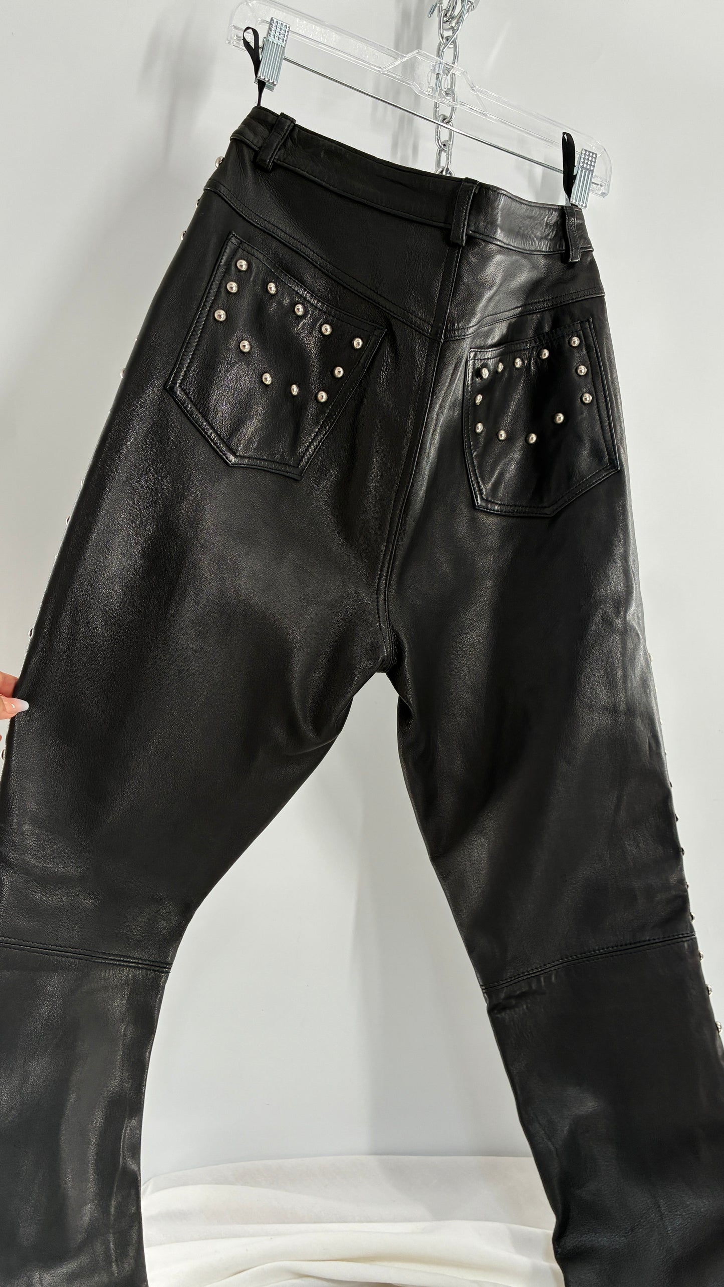 Vintage DKNY Genuine Leather Black Hip to Hem Studded Straight Legs (12)