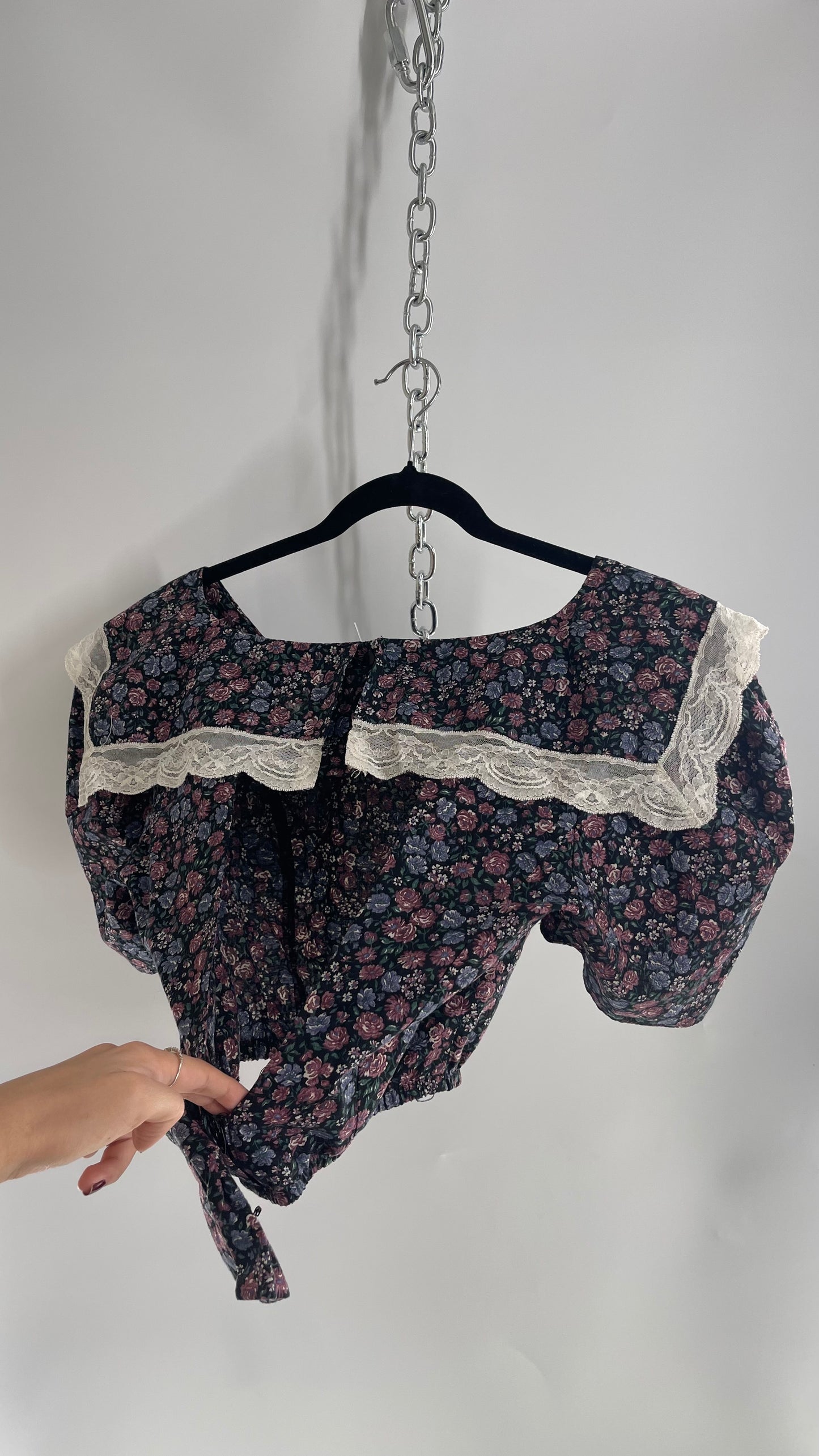 Handmade Reworked Vintage Puff Sleeve Floral Open Back, Bow Detail, Sailor Collar Top (Small)