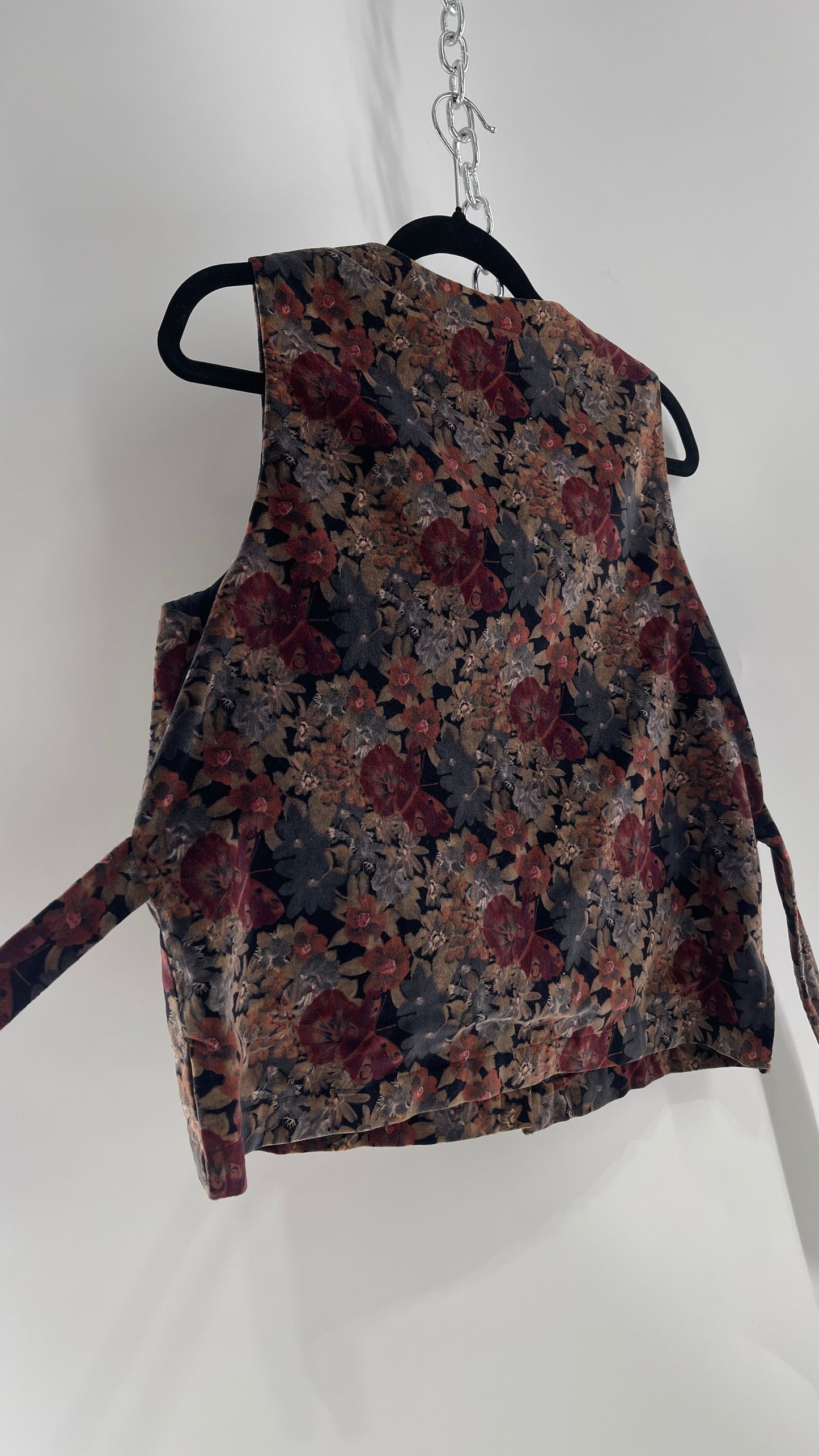 Vintage Muted Florals Velvet Vest with Front Pockets and Waist Tie (Medium)