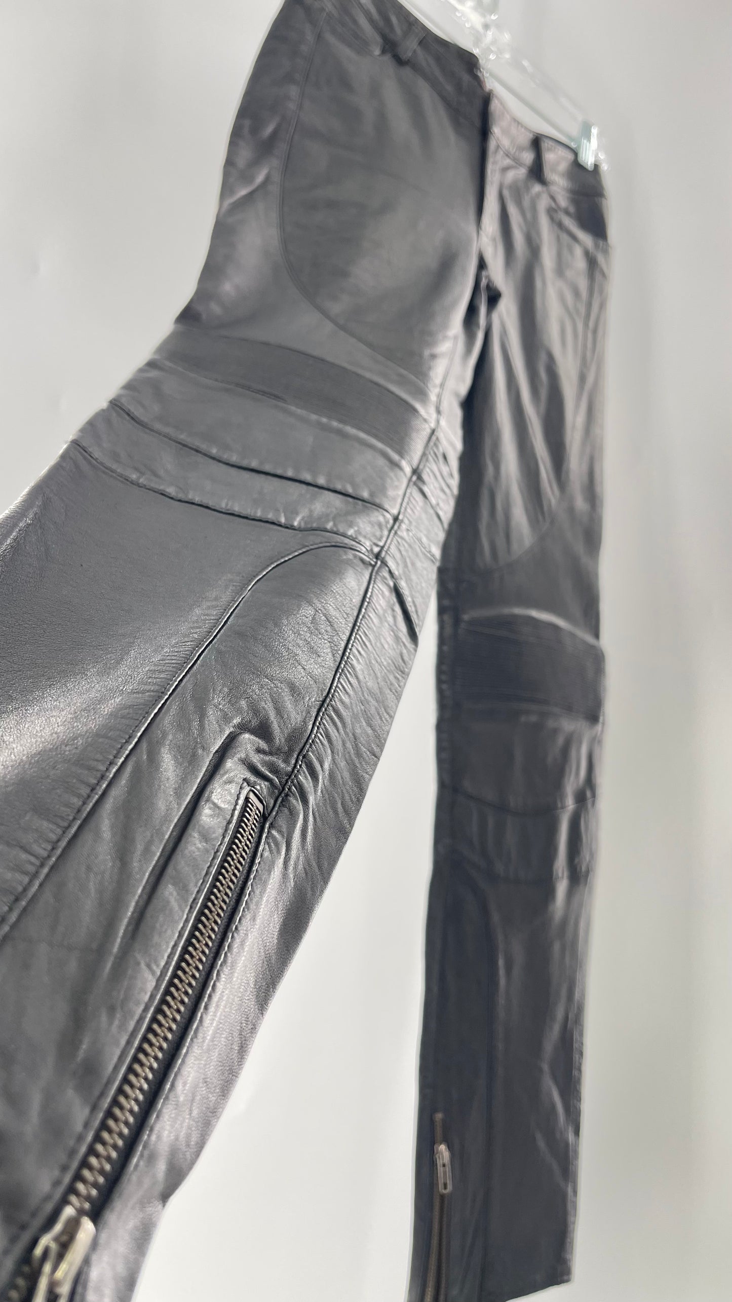 LAMARQUE 1990s Collection Vintage Black Leather Moto Style Pant with Panels, Ribbing and Zipper Details (6)