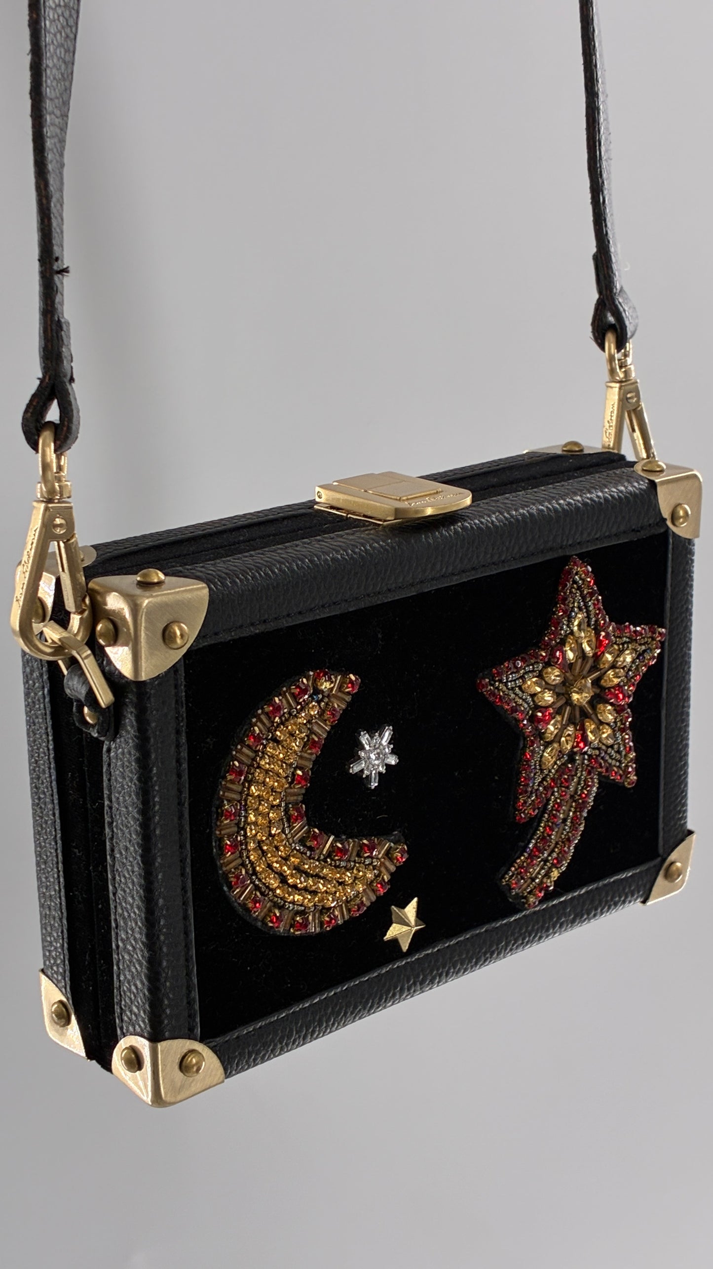 Vintage Sam Edelman Black Leather and Velour Box Case Purse with Gold Hardware and Celestial Beading