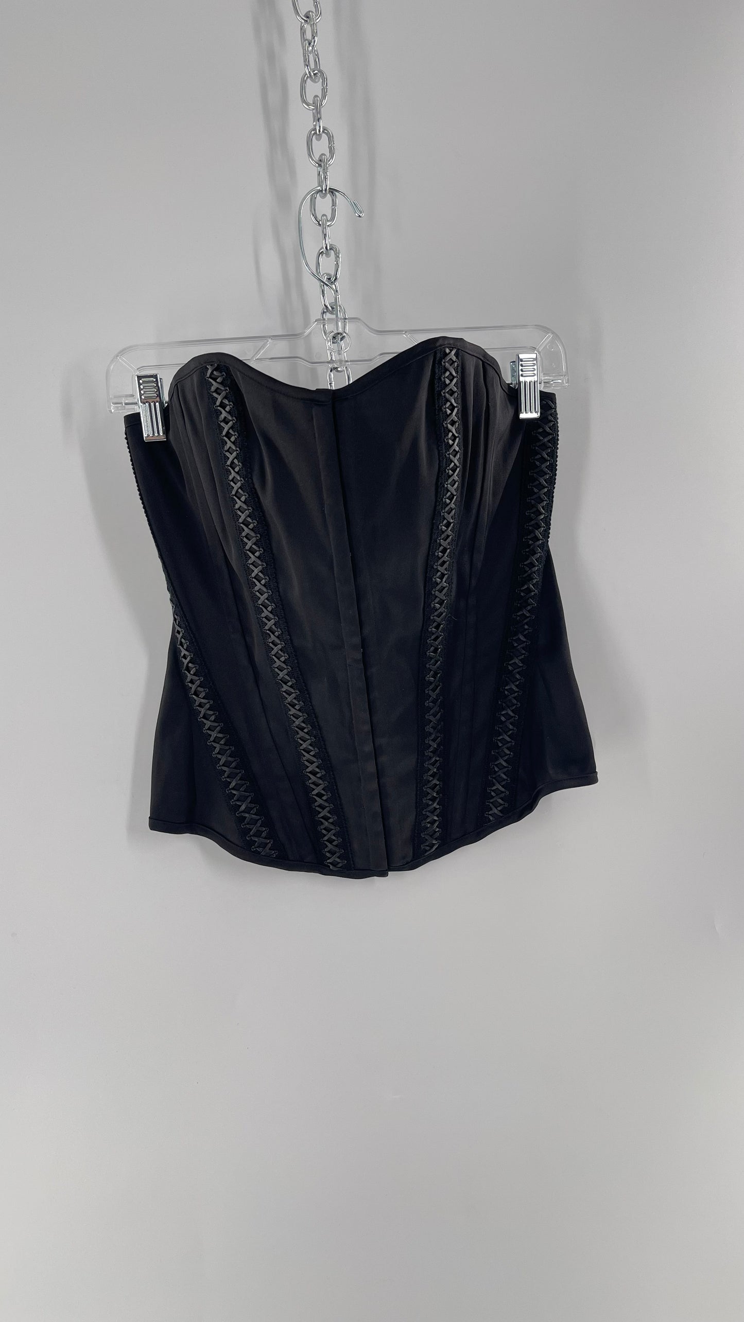 Vintage Charlotte Russe Black Boned Corset with Criss Cross Leather Details and Lace Up Back (Large)