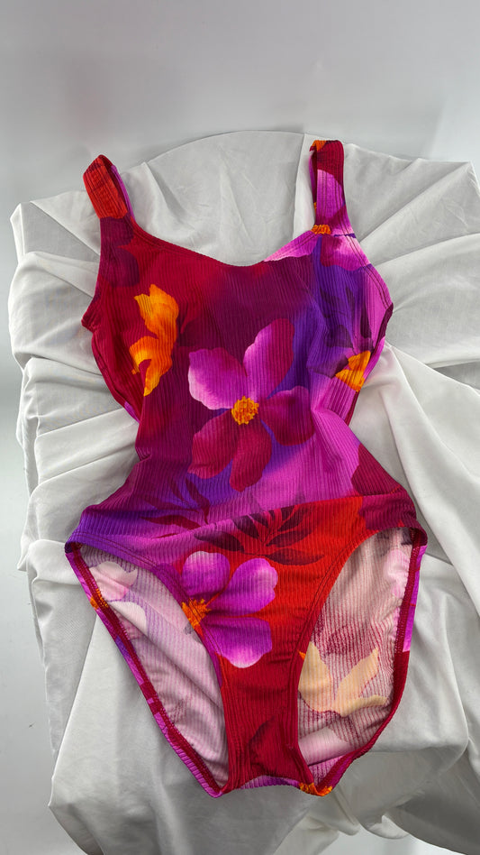 Vintage CATALINA Hibiscus Tropical Florals Open Back Swimsuit (Medium)