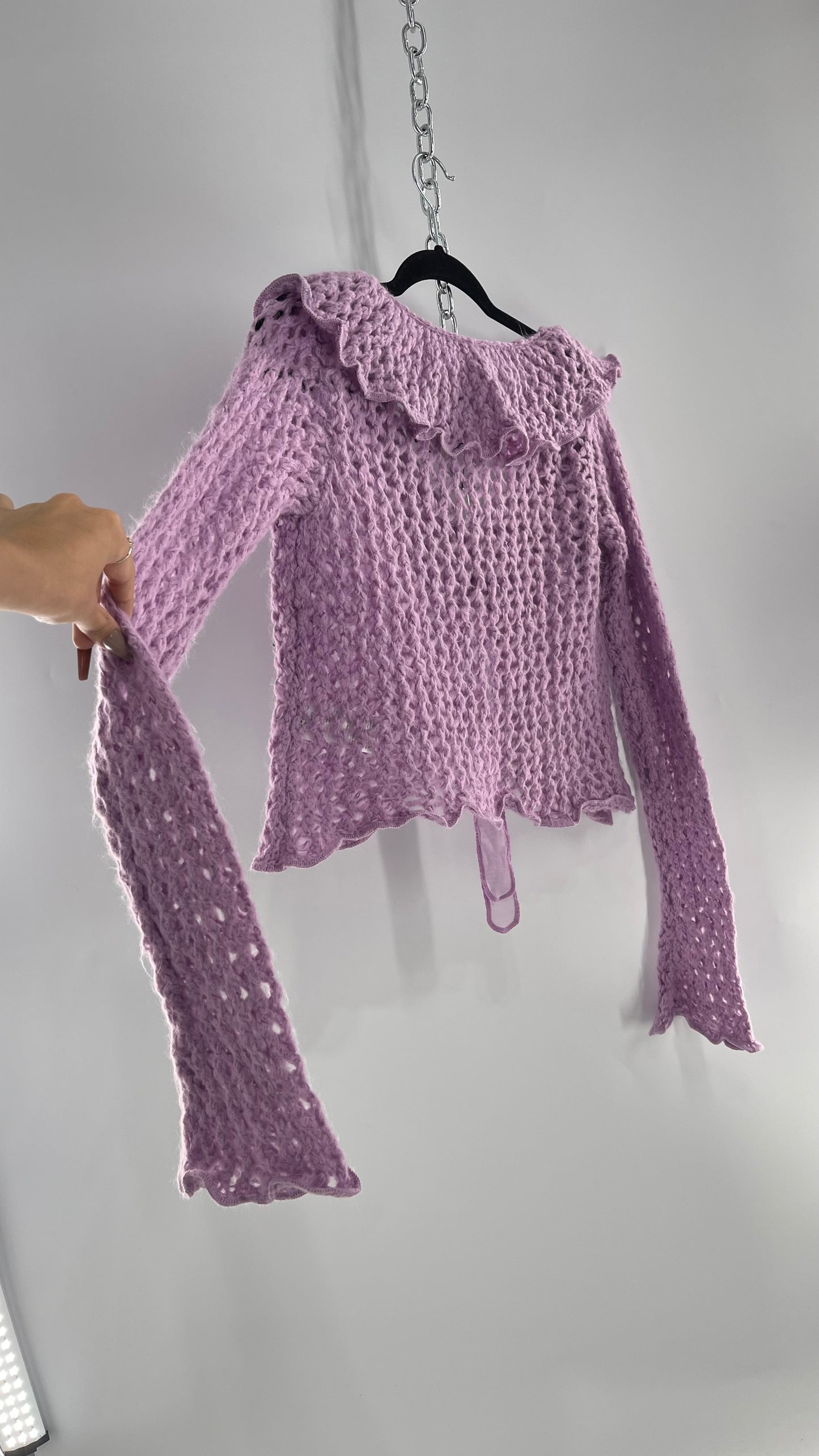 KIMCHI BLUE Lavender/Lilac Open Knit Cardigan with Ruffled Neckline and Tie Bust (Small)