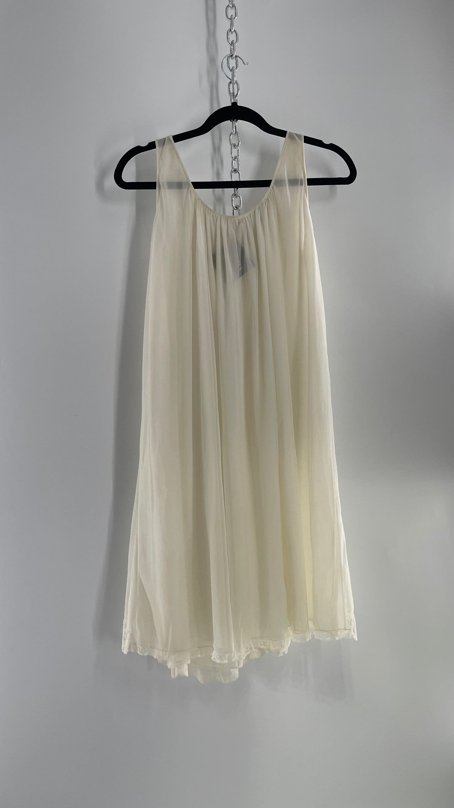 Vintage Leonora Off White Camisole Slip Nightgown Dress with Lace Trim and Decal Detail (Small)