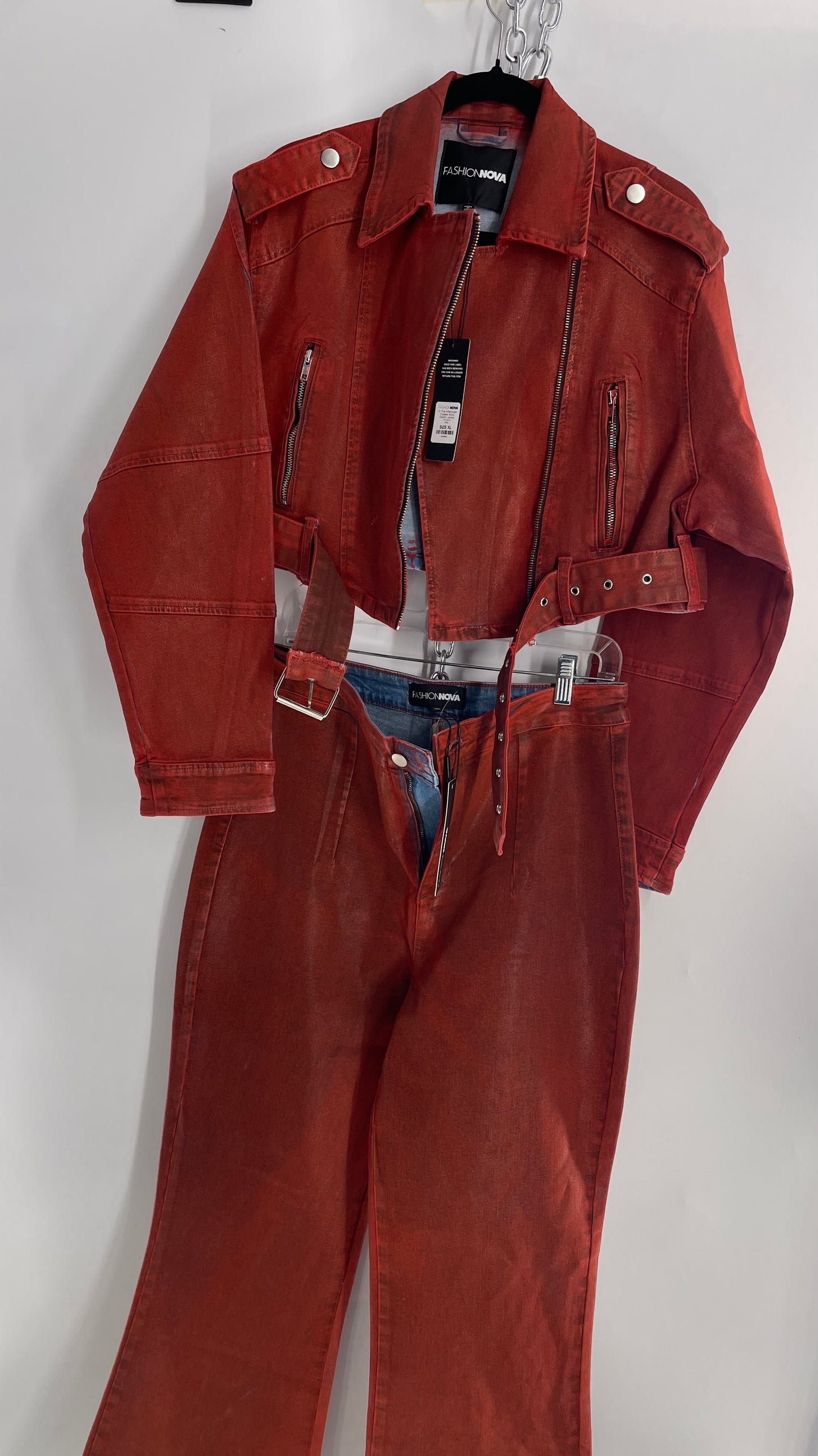 Fashion Nova Red Waxed Denim Cropped Motorcycle Jacket with Flared Jean Set and Tags Attached (XL/15)