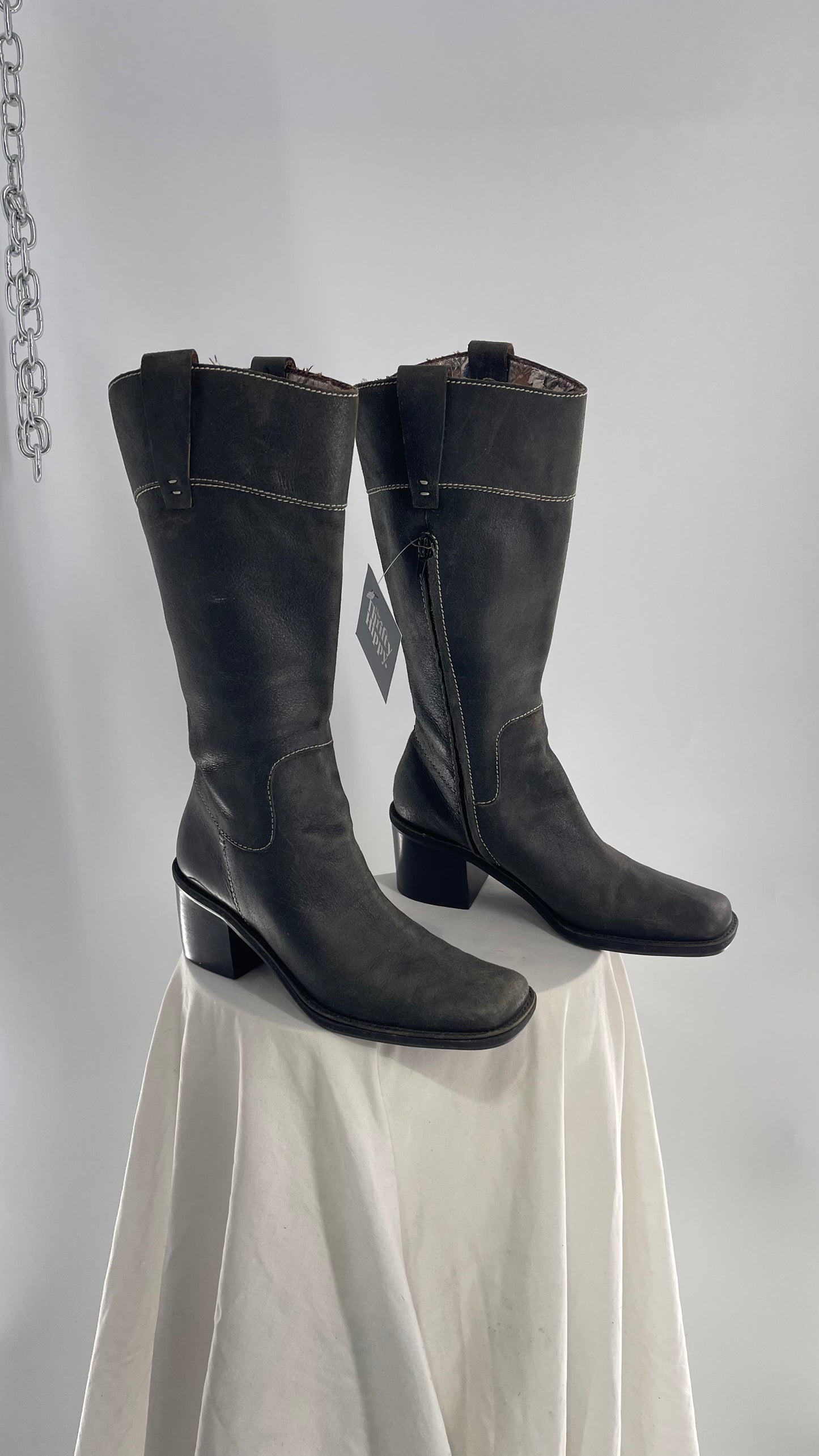 Vintage Nine West Dark Grey Leather Square Toe Heeled Knee High Boots (7.5)