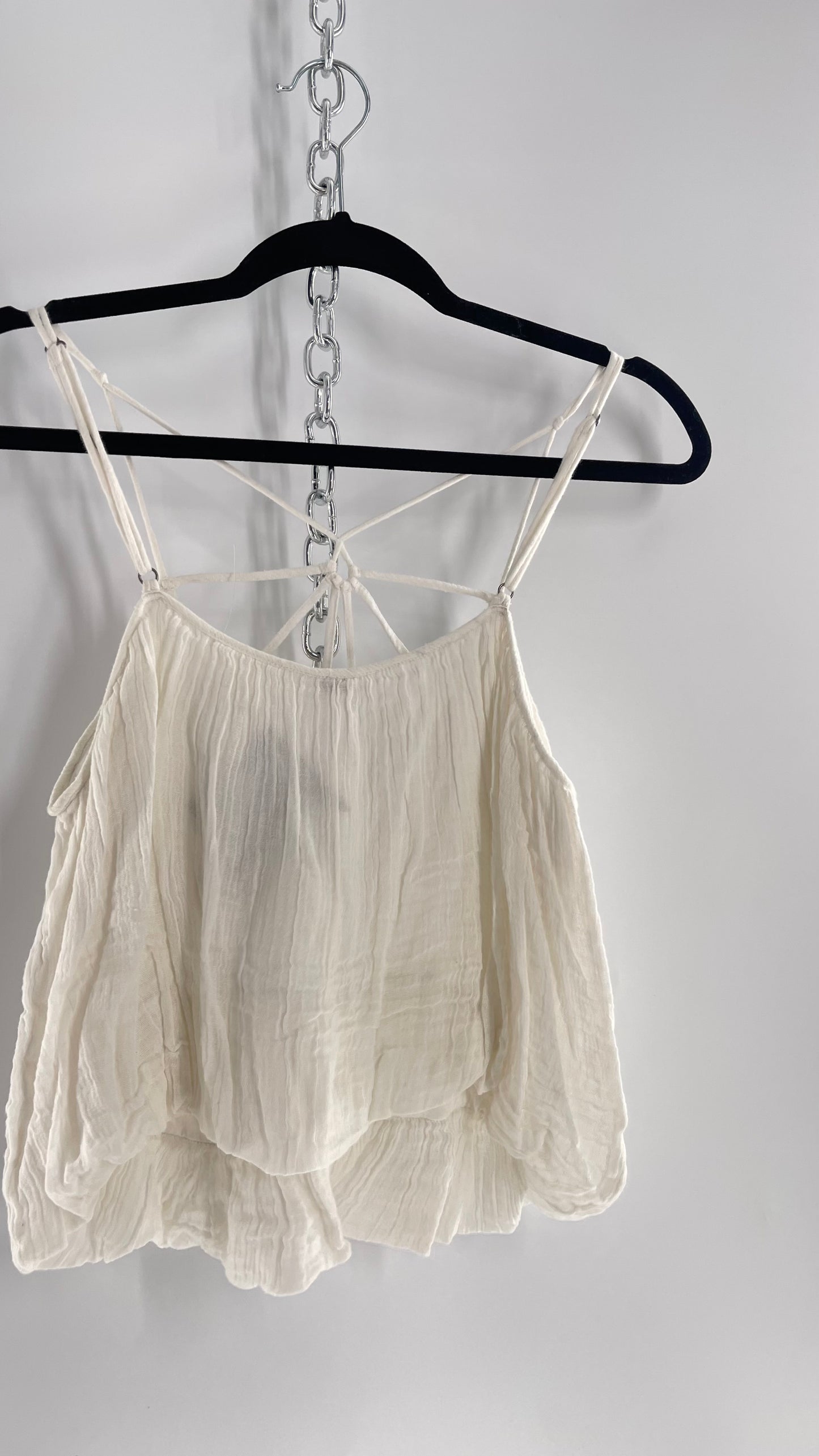 Free People White Cotton Bubble Sleeveless Blouse with Strappy Neckline (M)