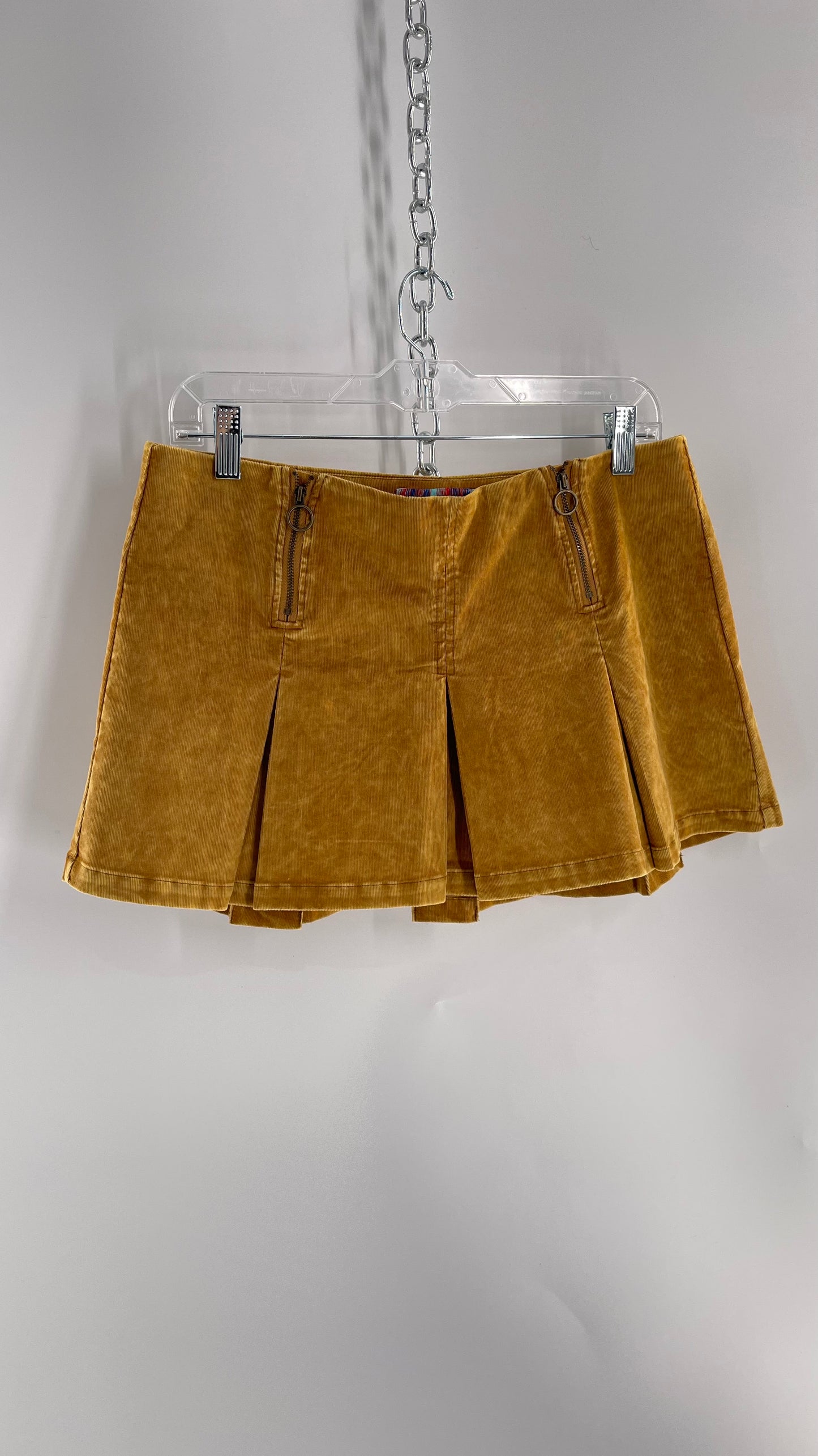 Urban Outfitters Mustard Corduroy Pleated Micro Mini Skirt with Brass Hip Zippers (Medium)