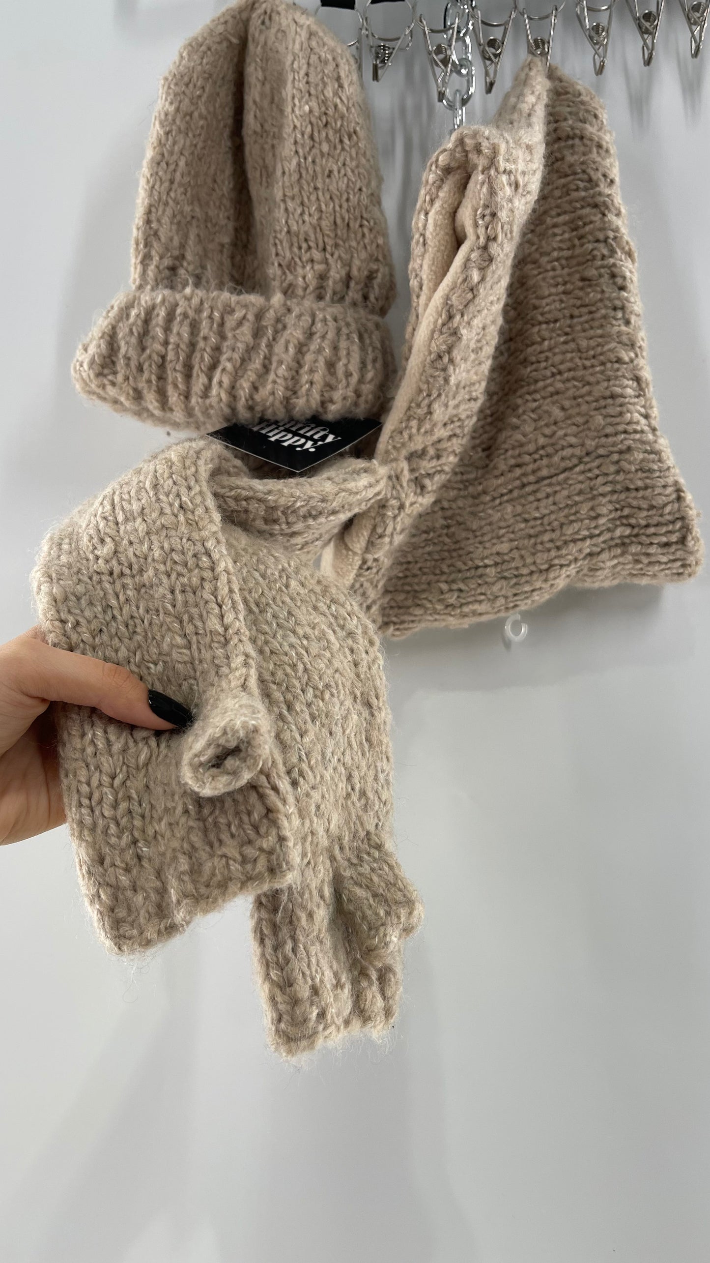 Free People Beige/Tan Knit Gloves, Hat and Scarf Set