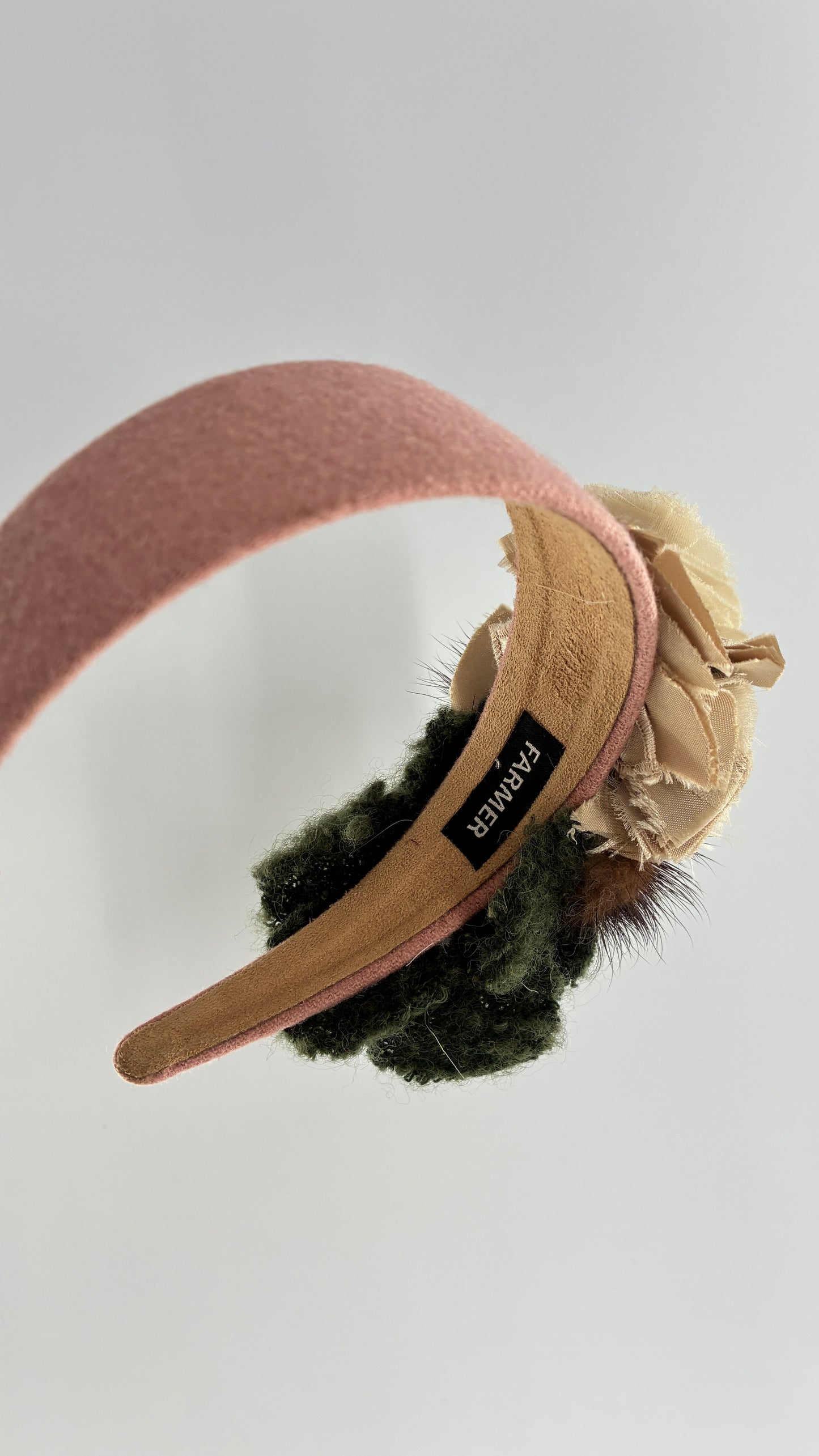 Vintage FARMER Handmade Pink Knit Headband with Wool, Buttons and Fur Appliqués