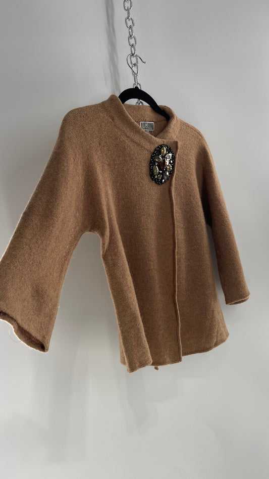 Vintage Tan Knit Cardigan with Jeweled Appliqué (Small)